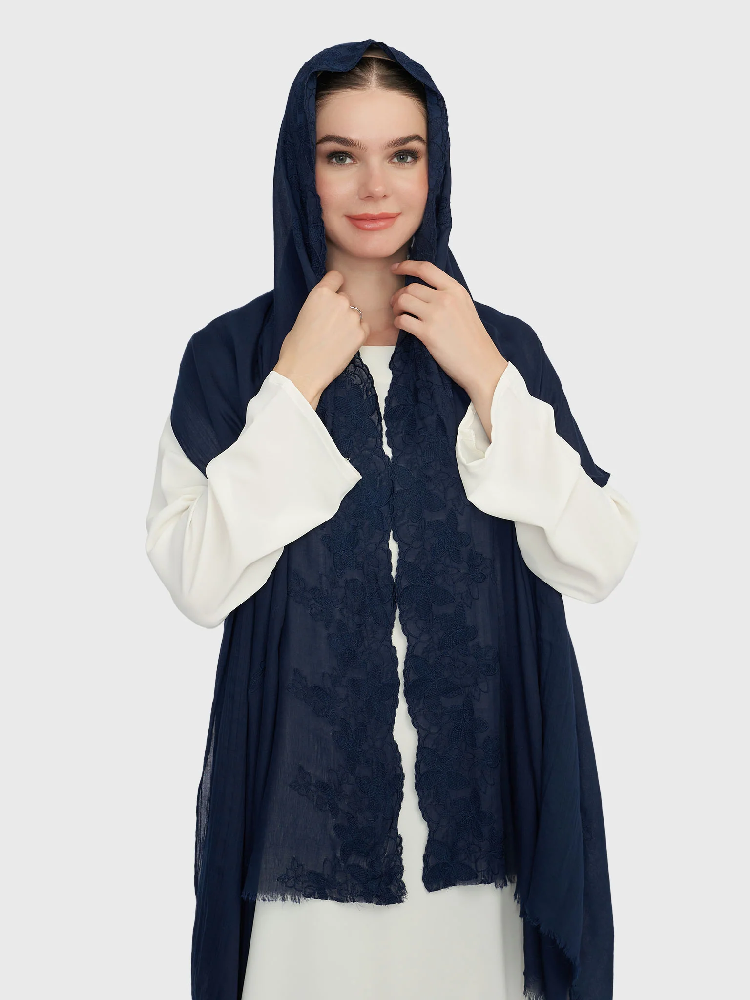 Cotton Viscose Solid Colour Hijab with Embroidered Flower (HYM101) - Image 8