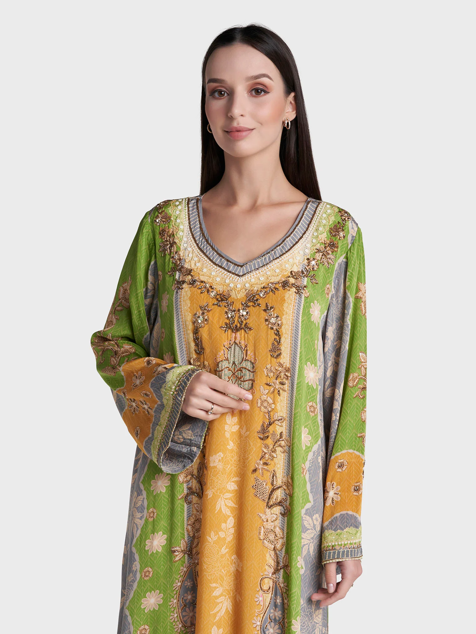 Multi Colour Hand Work Viscose Crepe Botanical Printed Jalabiya (VDC06)