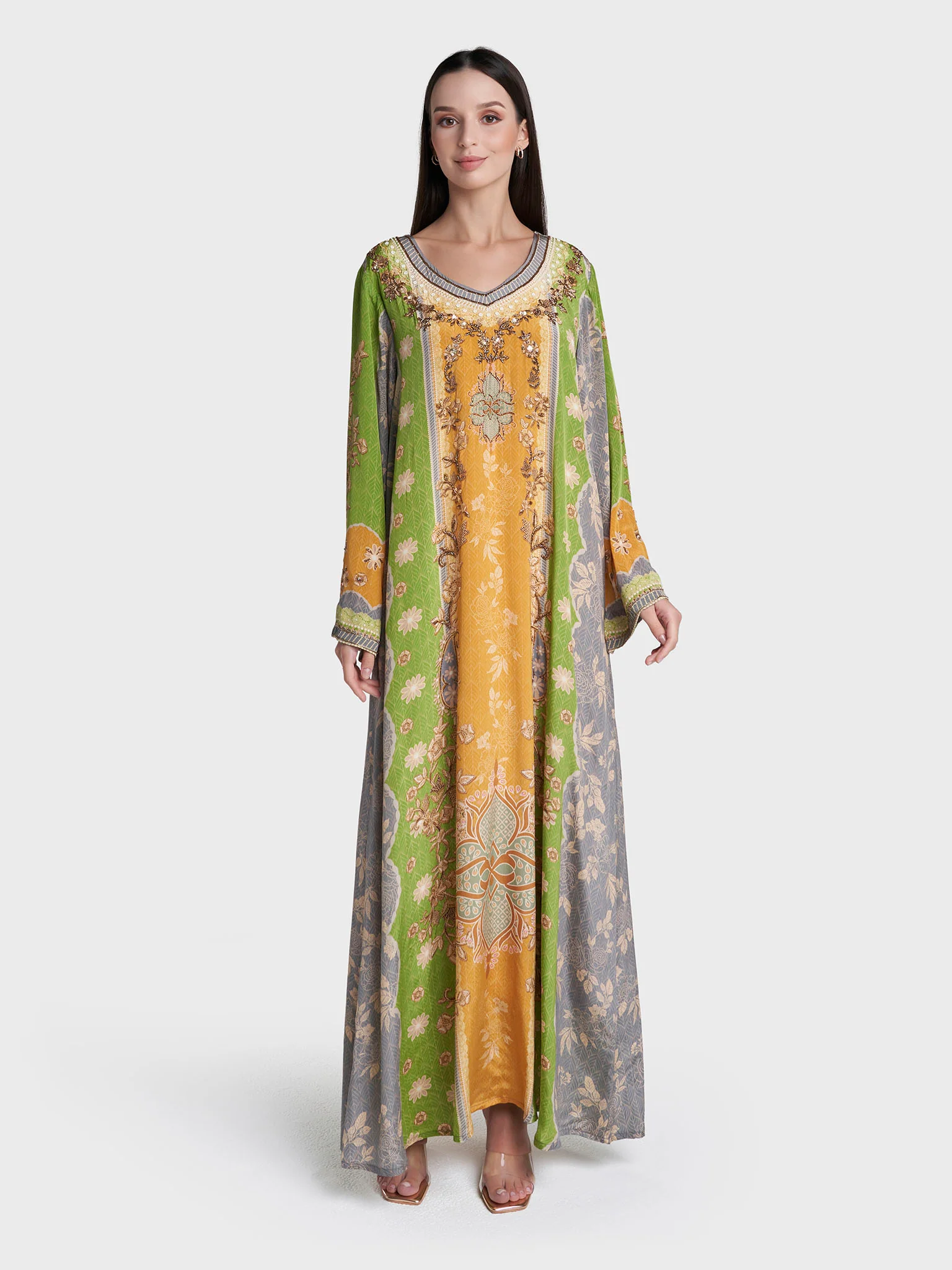 Multi Colour Hand Work Viscose Crepe Botanical Printed Jalabiya (VDC06) - Image 2