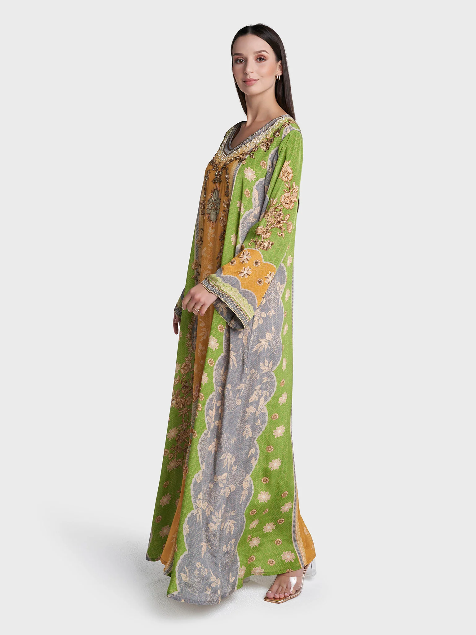 Multi Colour Hand Work Viscose Crepe Botanical Printed Jalabiya (VDC06) - Image 3