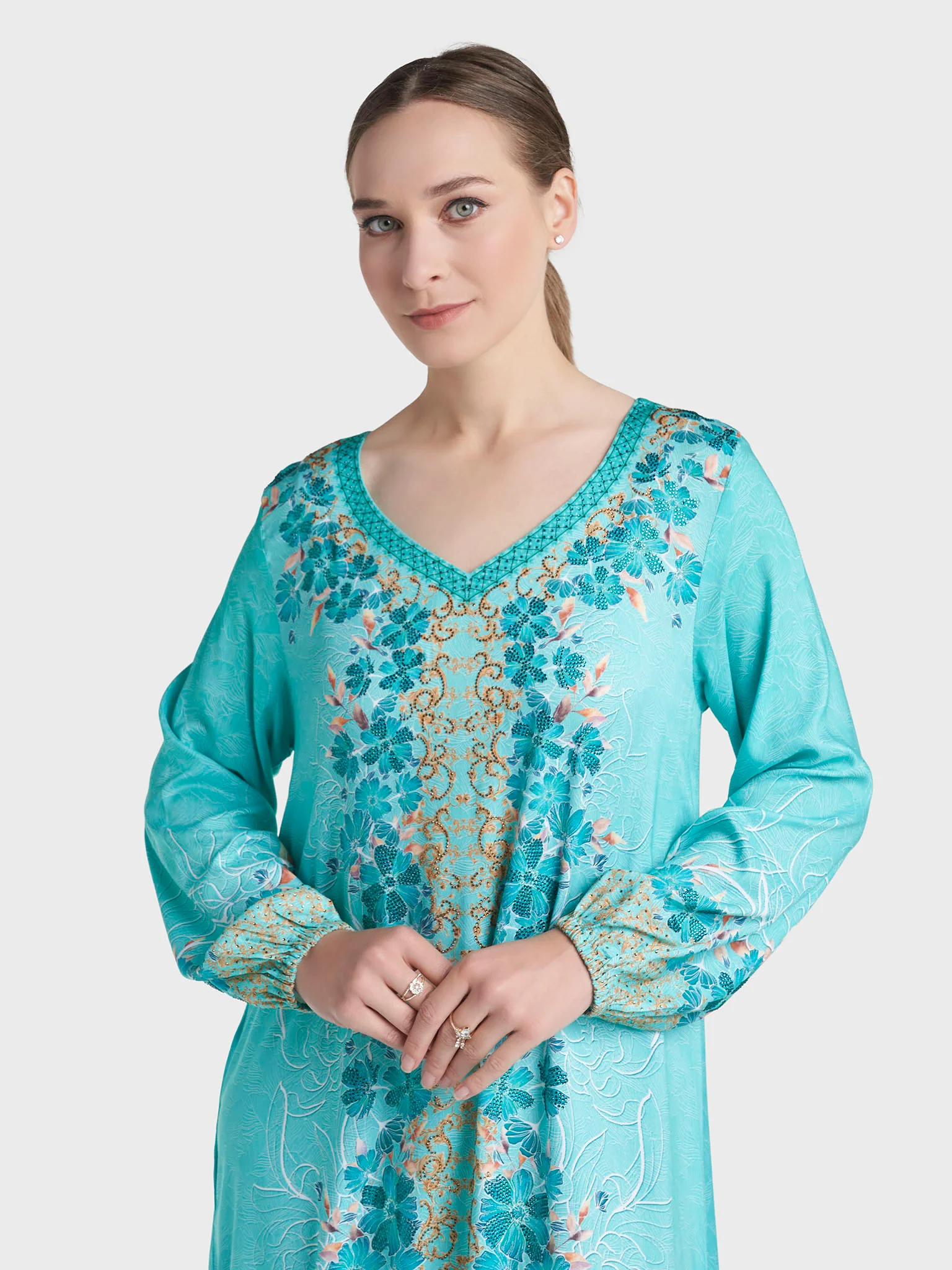 Aqua Green Colour Stone Work Rayon Leaf Printed Jalabiya (VDC07)