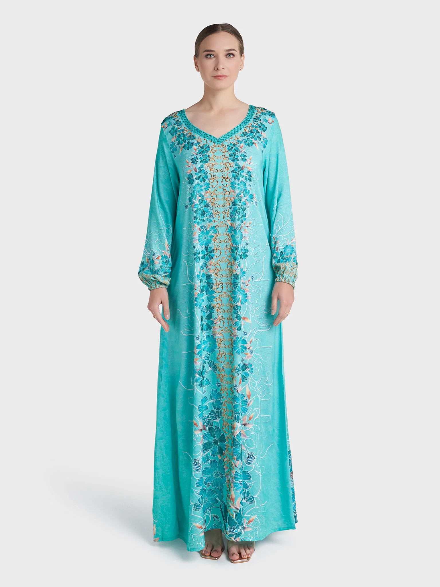 Aqua Green Colour Stone Work Rayon Leaf Printed Jalabiya (VDC07) - Image 2