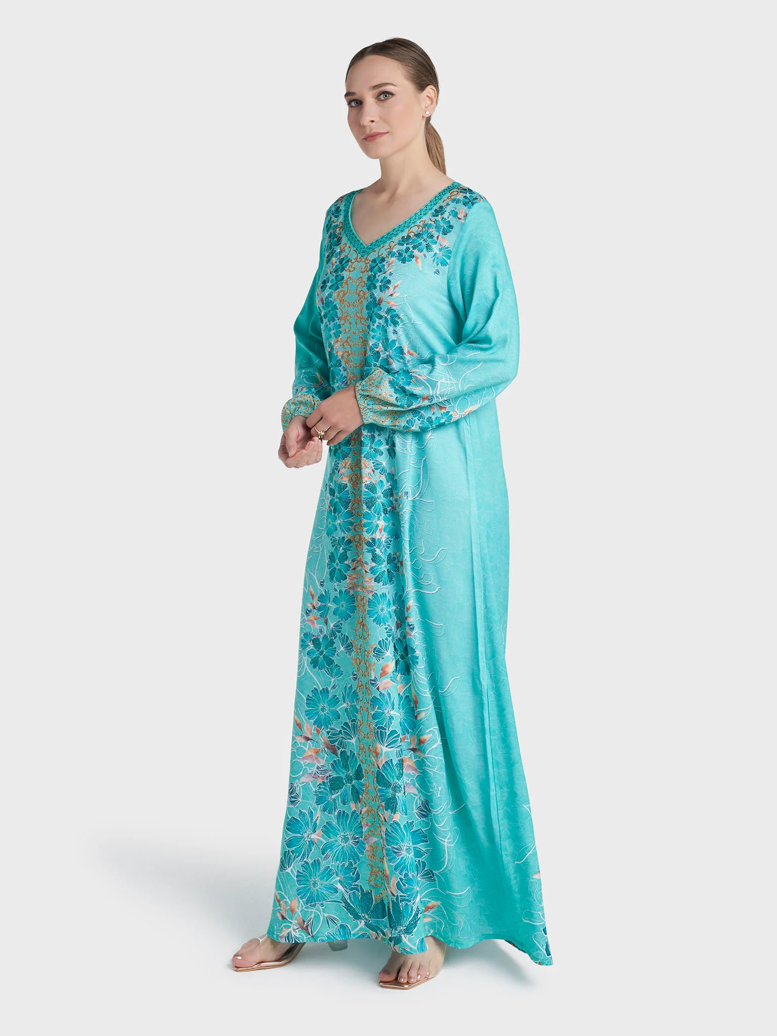 Aqua Green Colour Stone Work Rayon Leaf Printed Jalabiya (VDC07) - Image 3