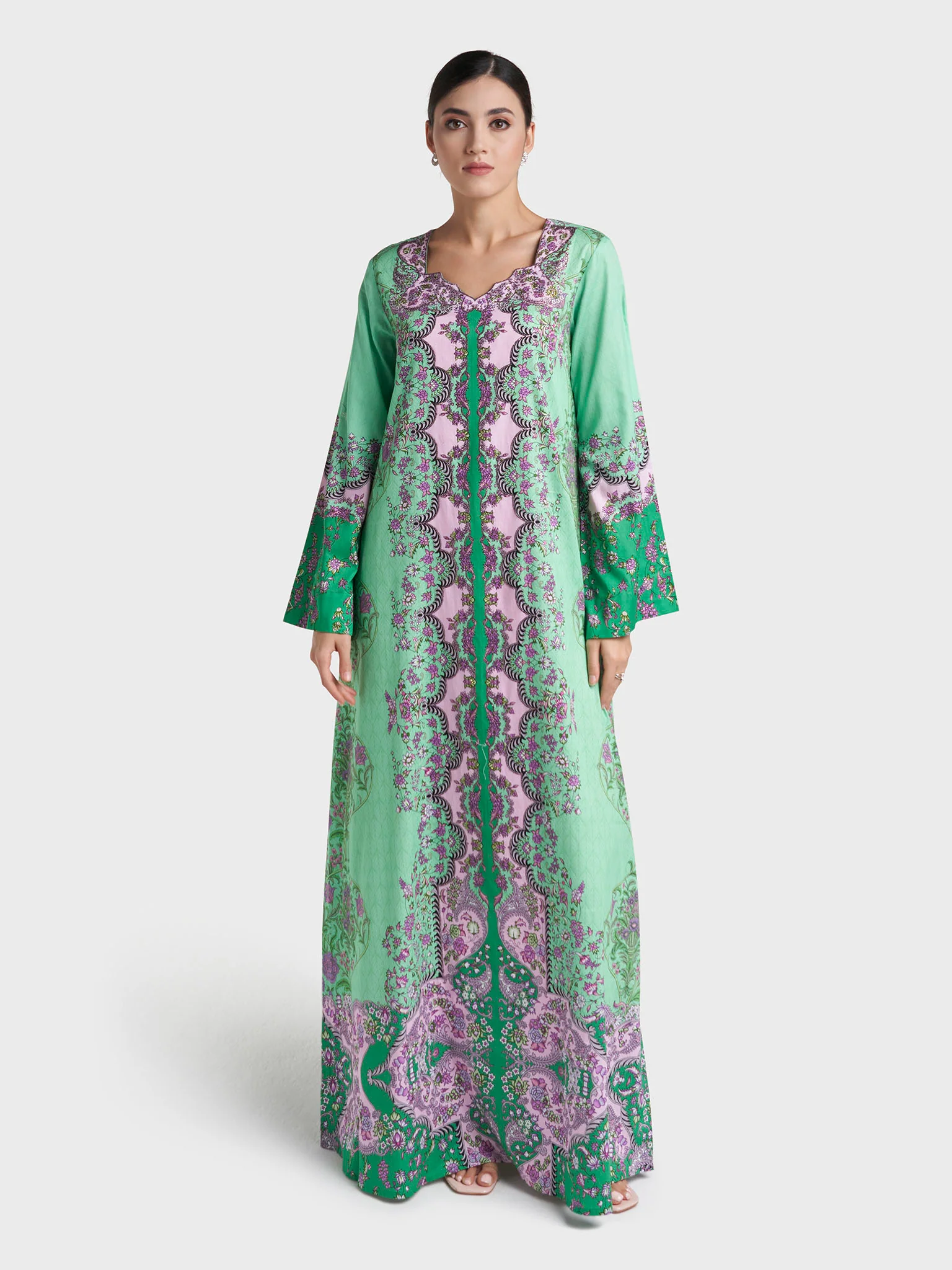 Green Vine Print Stone Work Viscose Crepe Jalabiya (VDC121) - Image 2