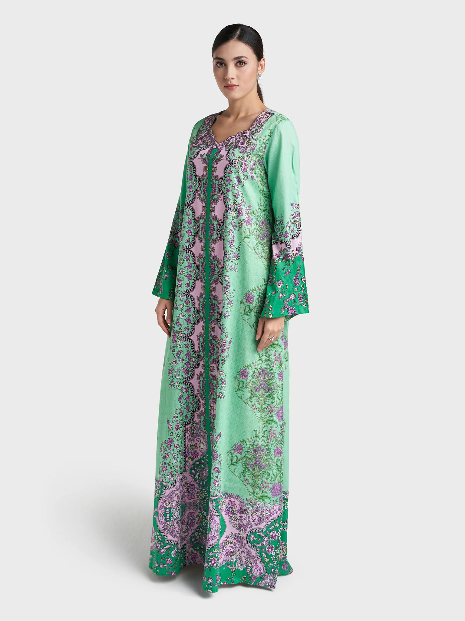 Green Vine Print Stone Work Viscose Crepe Jalabiya (VDC121) - Image 3