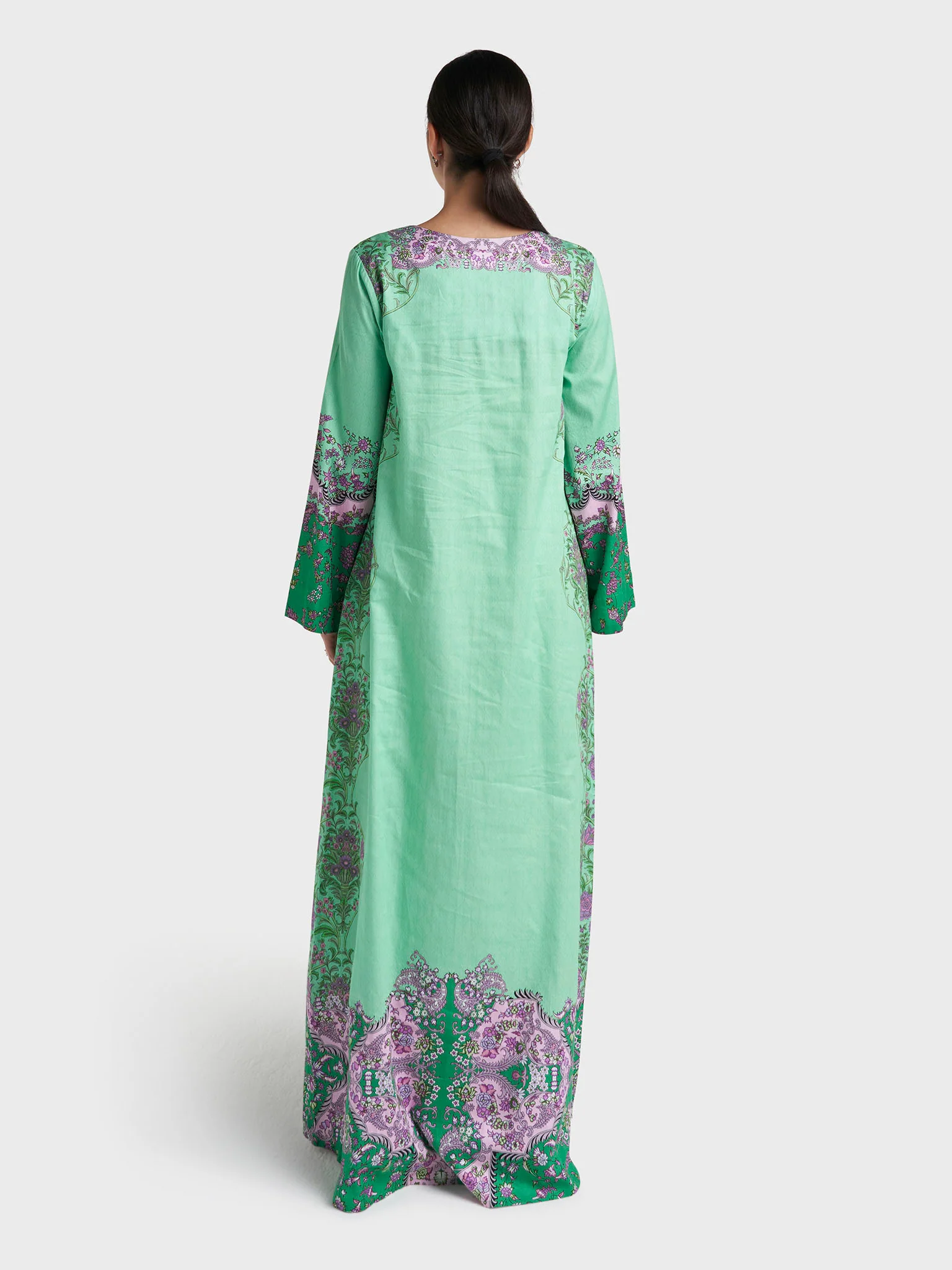 Green Vine Print Stone Work Viscose Crepe Jalabiya (VDC121) - Image 4