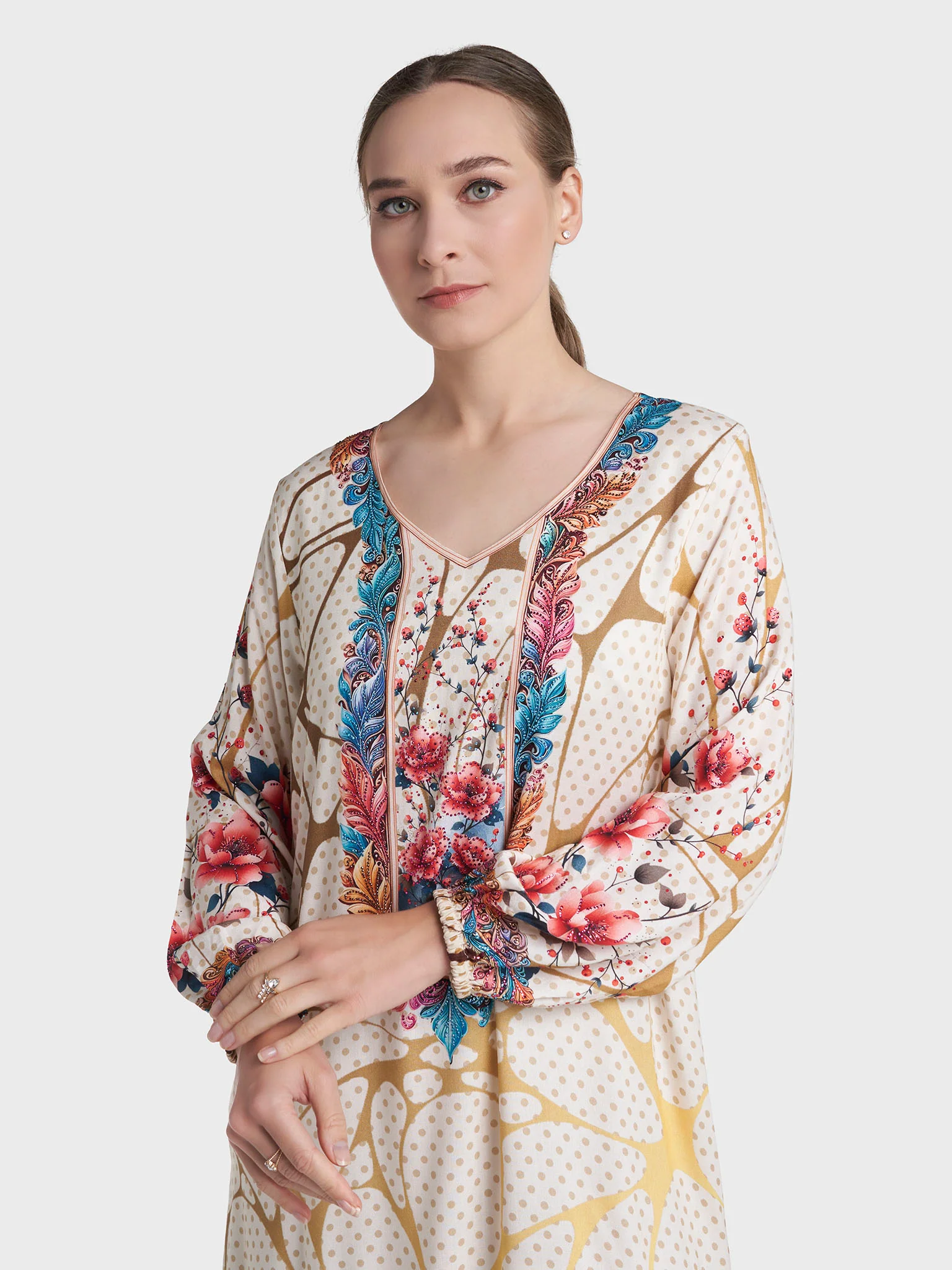 Cream Colour Stone Work Rayon Polka Dot Printed Jalabiya (VDC132)