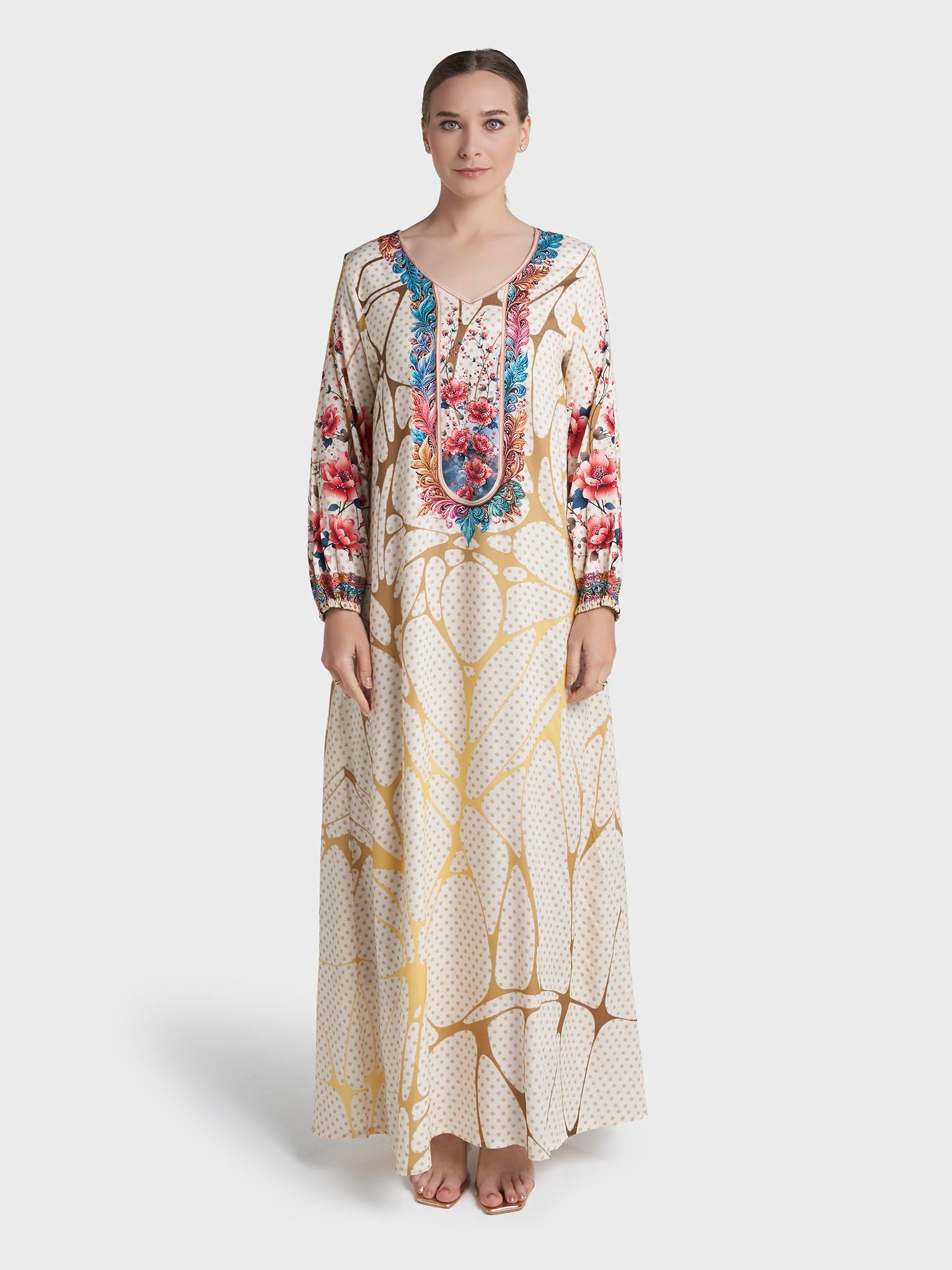 Cream Colour Stone Work Rayon Polka Dot Printed Jalabiya (VDC132) - Image 2