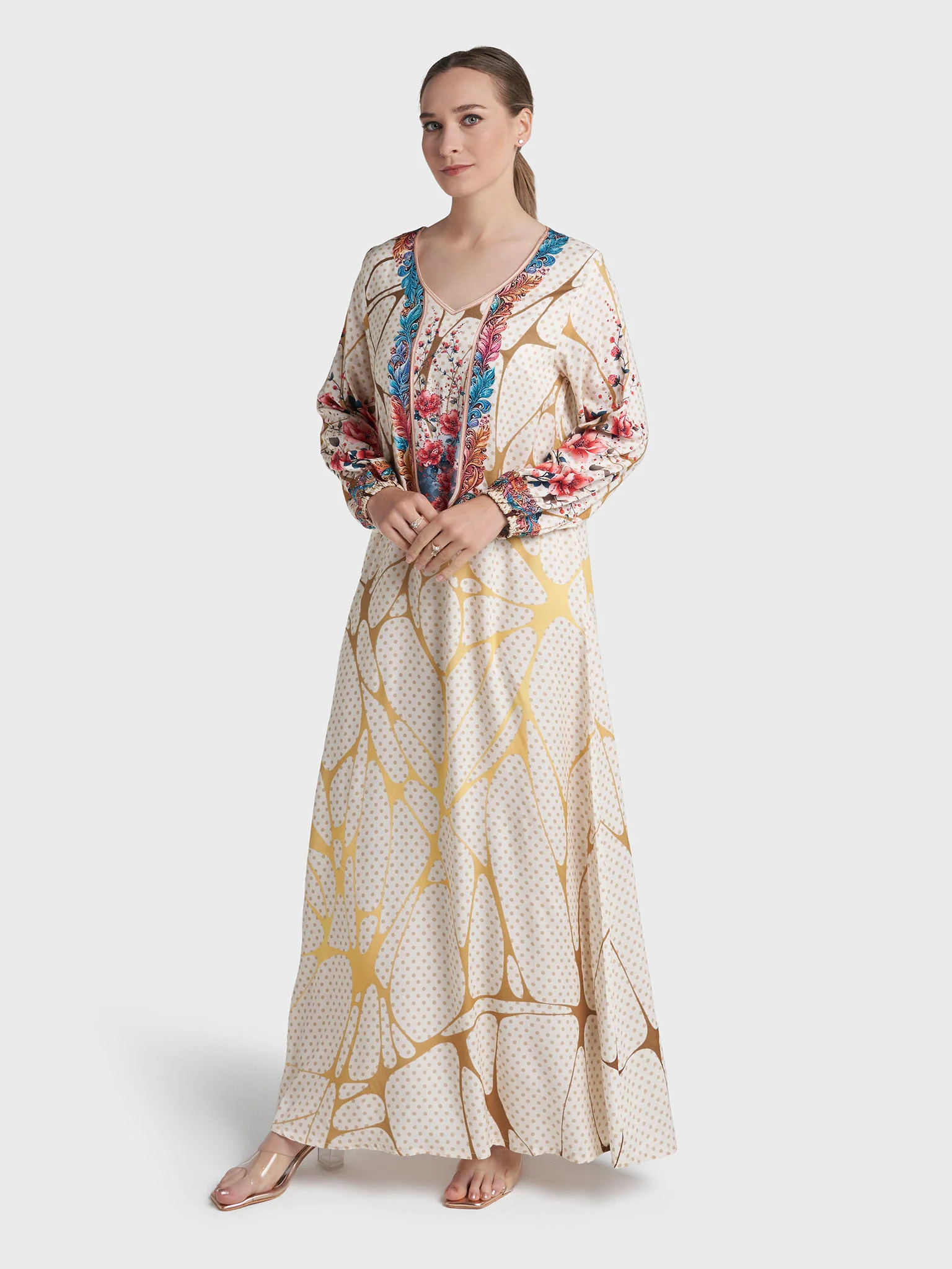 Cream Colour Stone Work Rayon Polka Dot Printed Jalabiya (VDC132) - Image 3