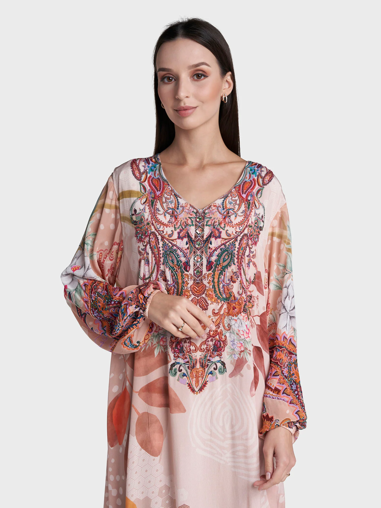 Peach Colour Hand Work Viscose Crepe Paisley Printed Jalabiya (VDC80)