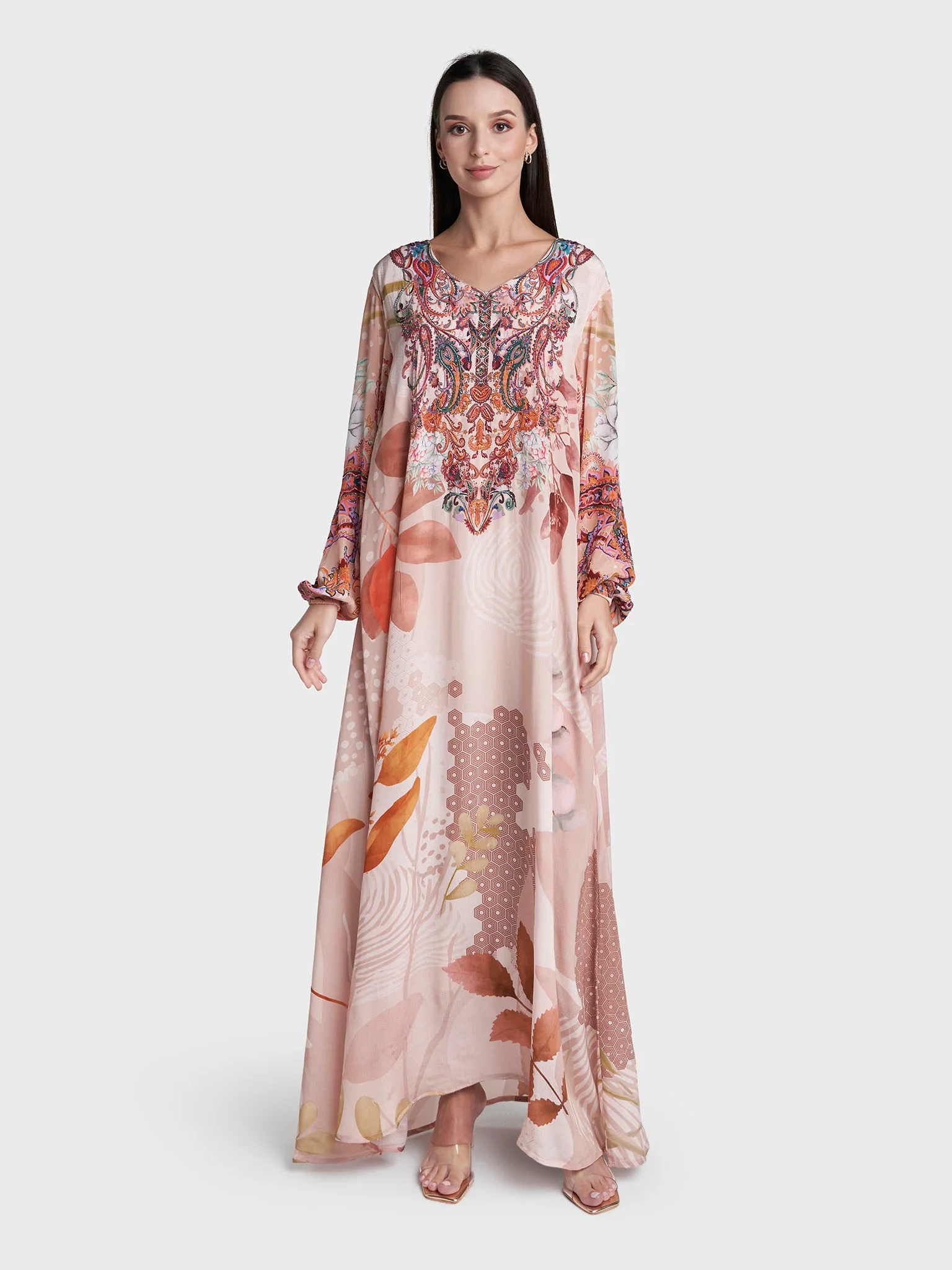 Peach Colour Hand Work Viscose Crepe Paisley Printed Jalabiya (VDC80) - Image 2