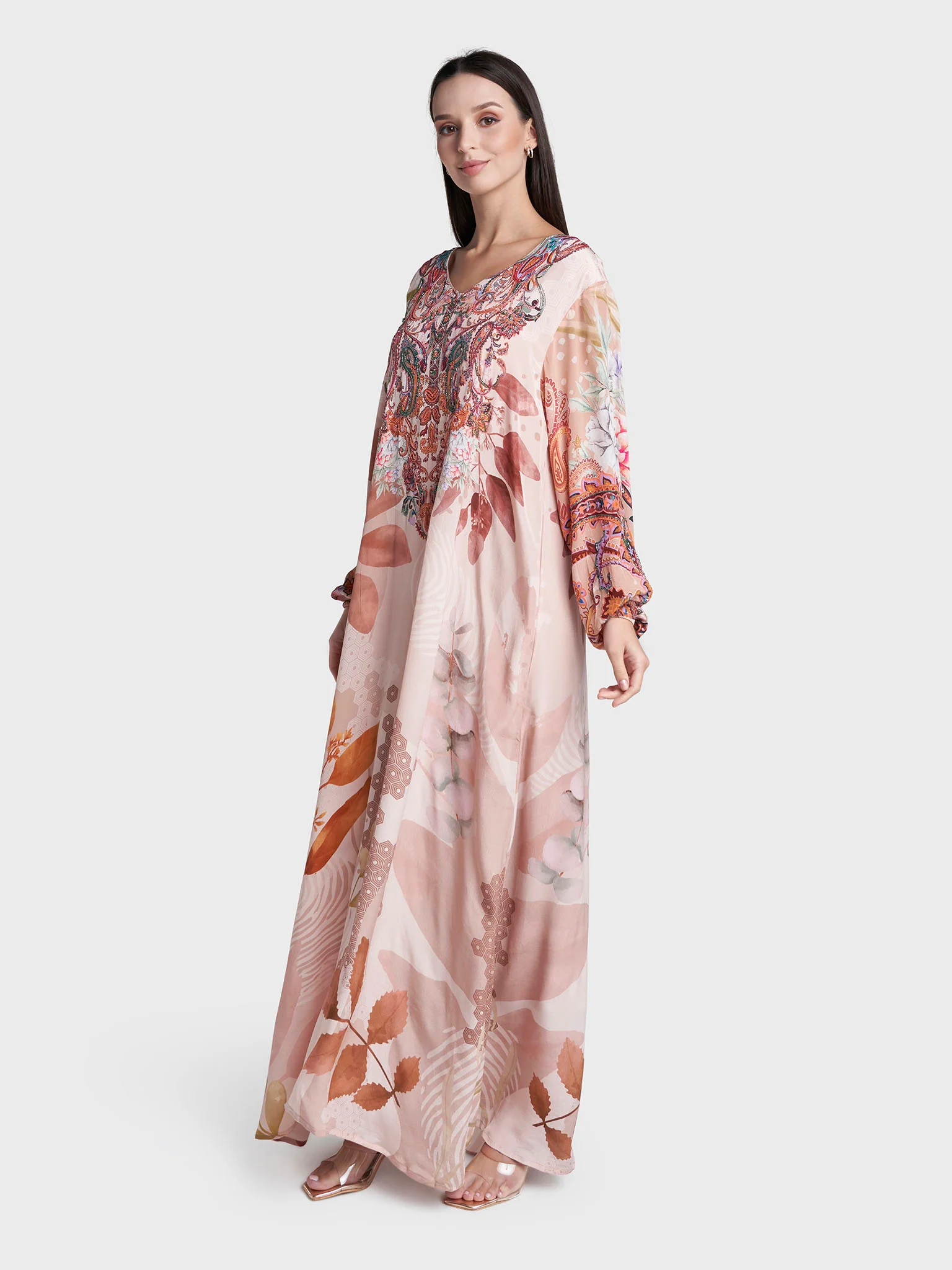 Peach Colour Hand Work Viscose Crepe Paisley Printed Jalabiya (VDC80) - Image 3