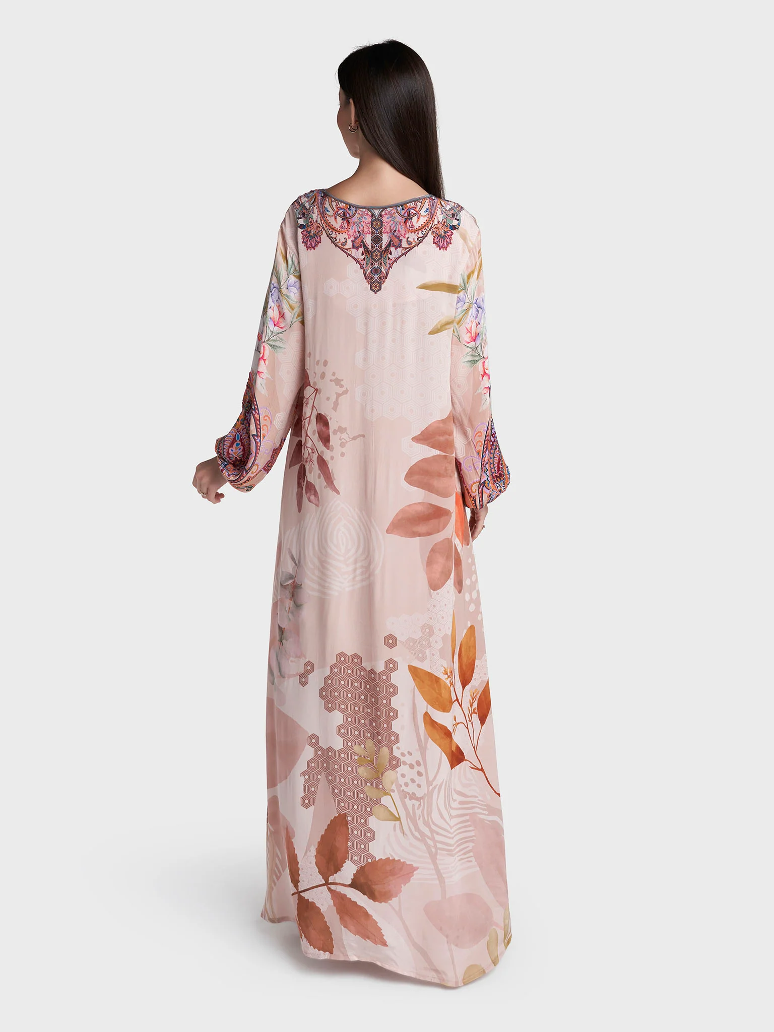 Peach Colour Hand Work Viscose Crepe Paisley Printed Jalabiya (VDC80) - Image 4