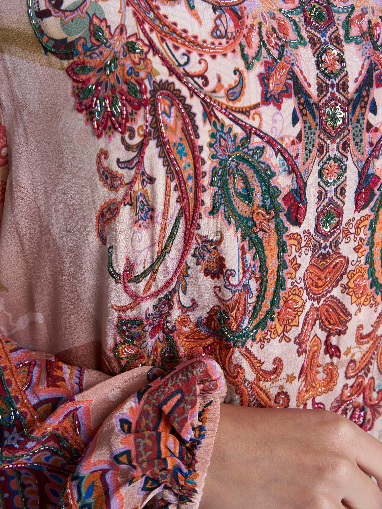 Peach Colour Hand Work Viscose Crepe Paisley Printed Jalabiya (VDC80) - Image 5