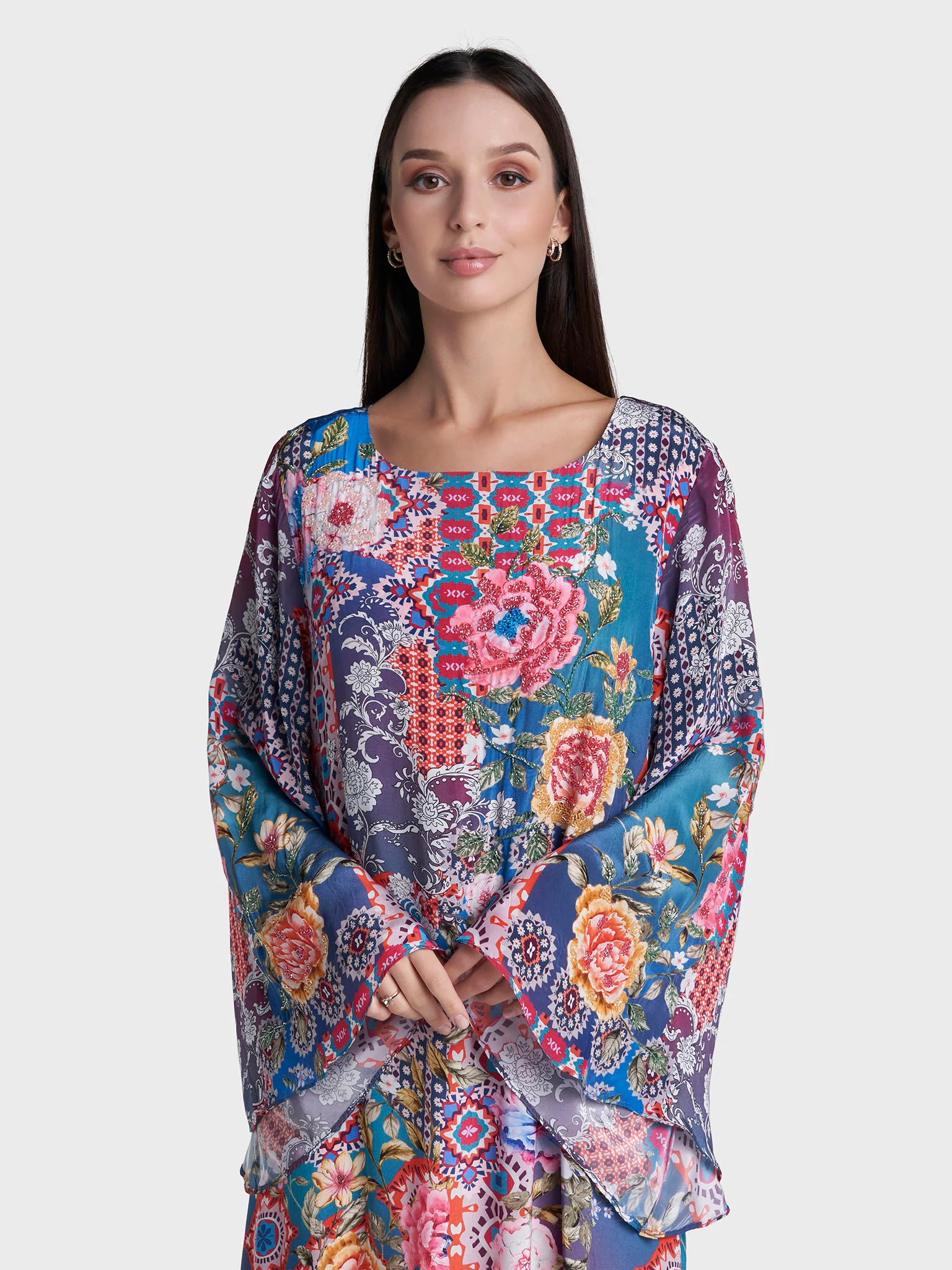 Multi Colour Hand Work Viscose Crepe Geometric Printed Jalabiya (VDE422)