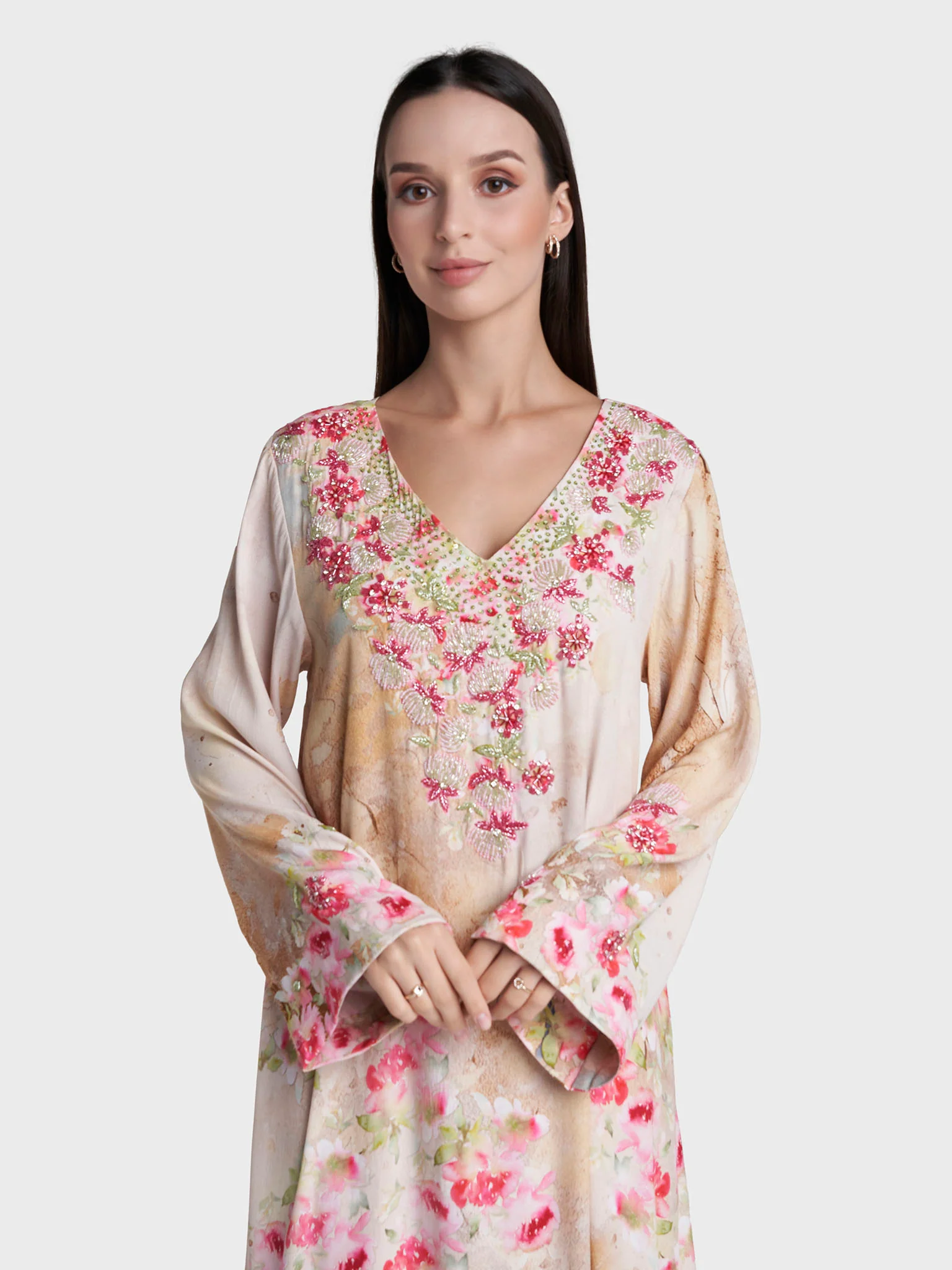 Beige Colour Hand Work Viscose Crepe Floral Printed Jalabiya (VDE440)