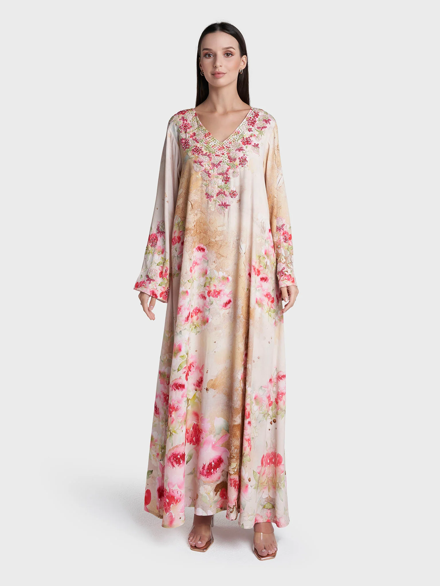 Beige Colour Hand Work Viscose Crepe Floral Printed Jalabiya (VDE440) - Image 2