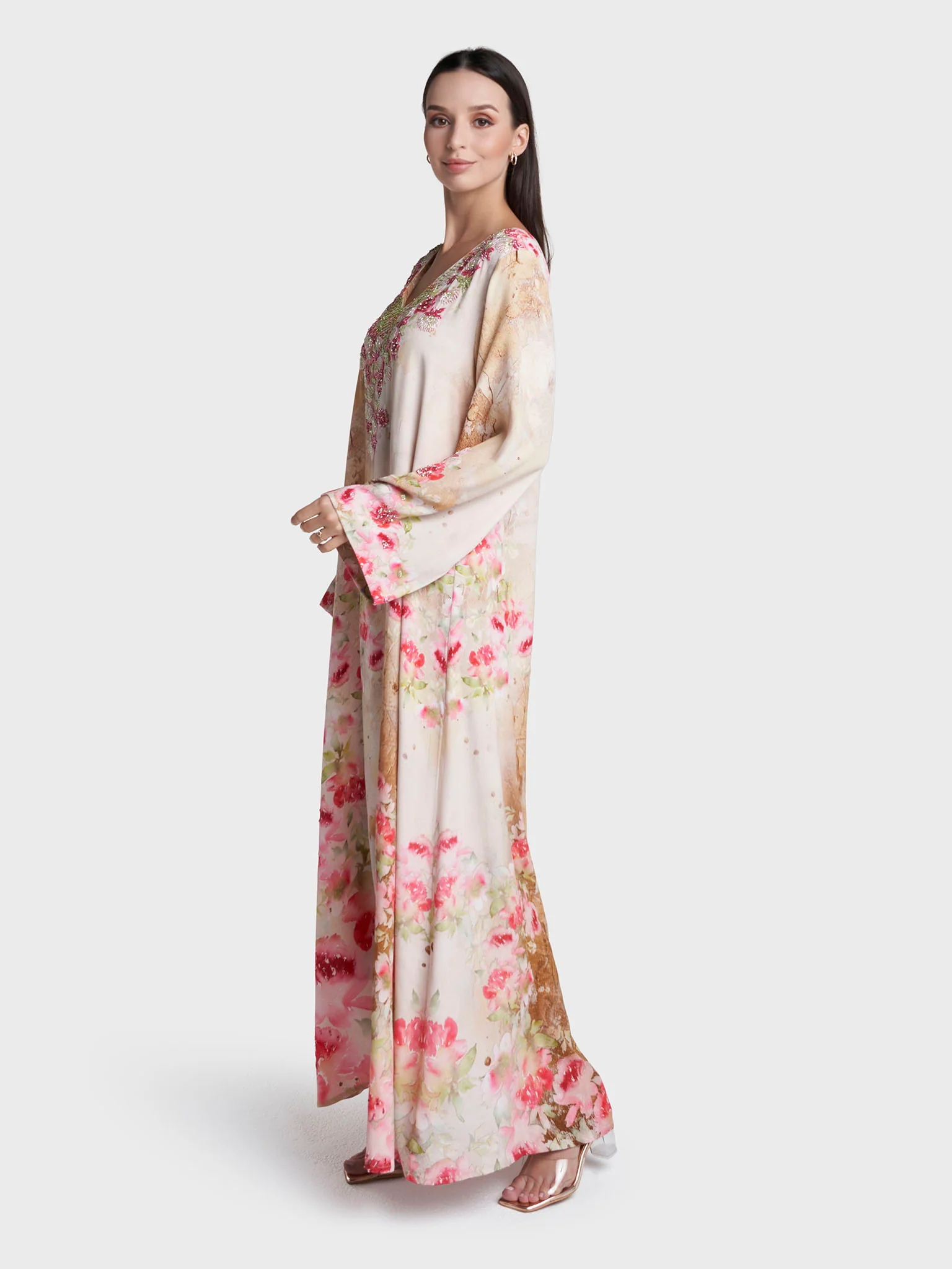 Beige Colour Hand Work Viscose Crepe Floral Printed Jalabiya (VDE440) - Image 3