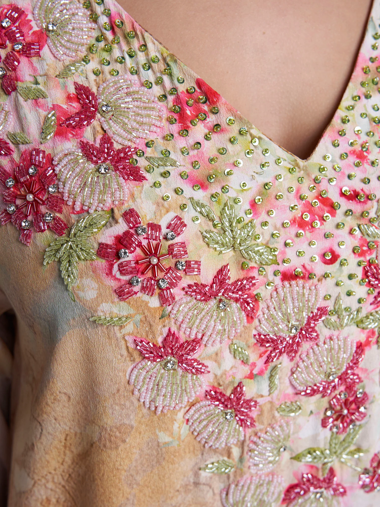 Beige Colour Hand Work Viscose Crepe Floral Printed Jalabiya (VDE440) - Image 5