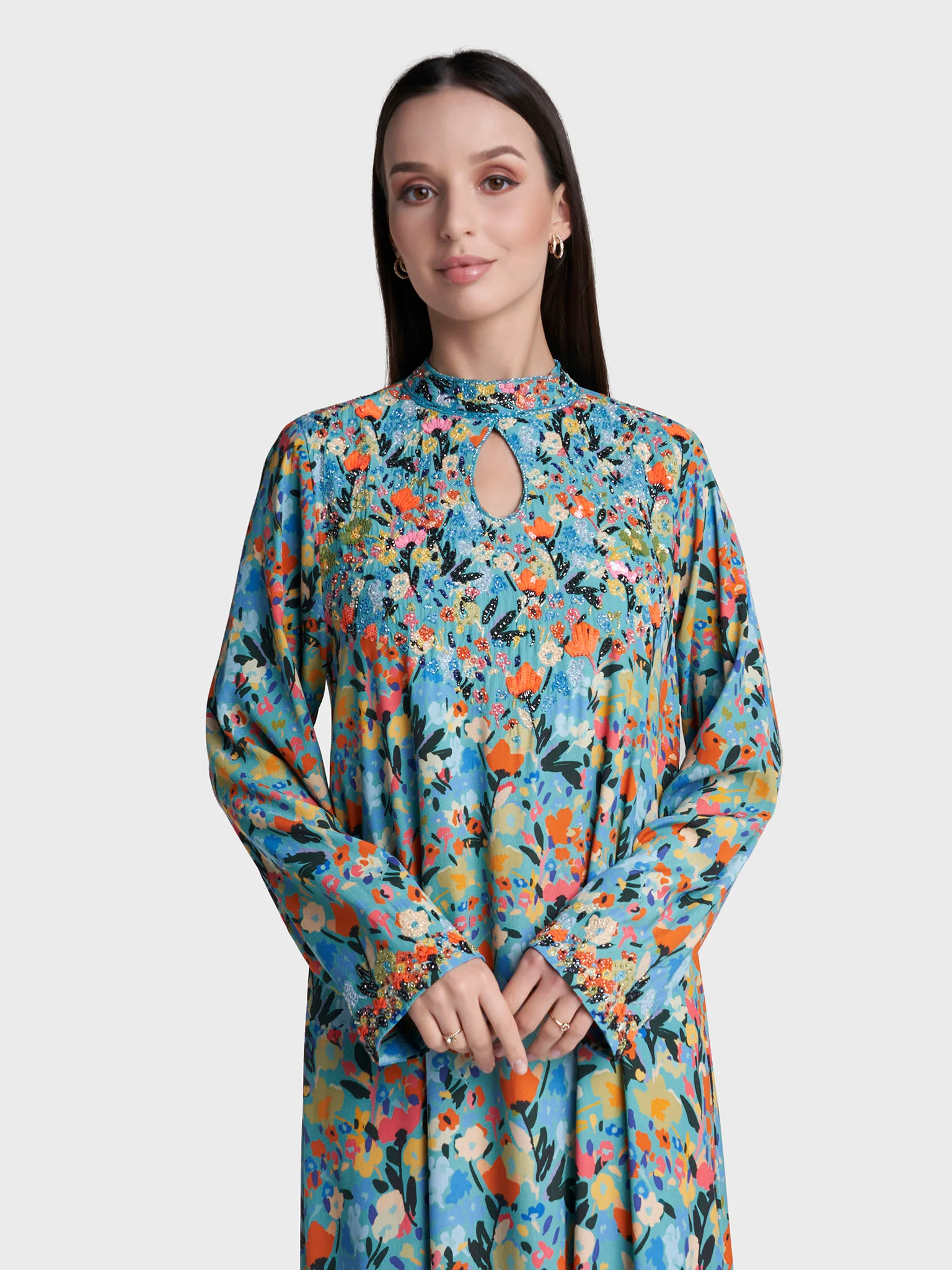 Multi Colour Hand Work Viscose Crepe Floral Printed Jalabiya (VDE446)