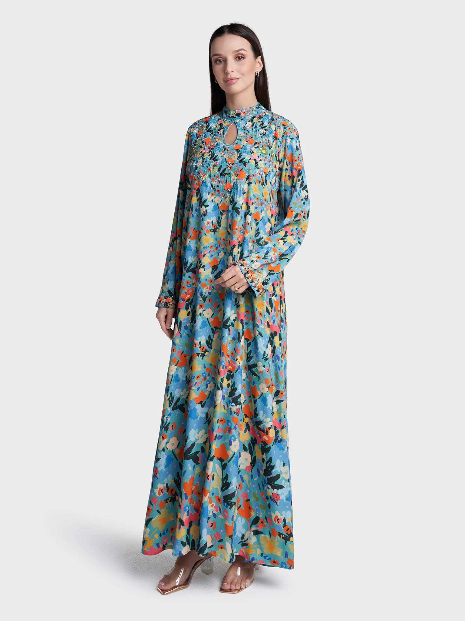 Multi Colour Hand Work Viscose Crepe Floral Printed Jalabiya (VDE446) - Image 3