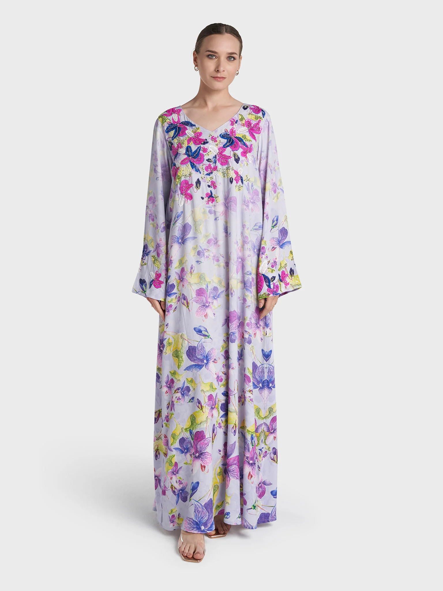 Lilac Colour Hand Work Viscose Crepe Floral Printed Jalabiya (VDK400) - Image 2
