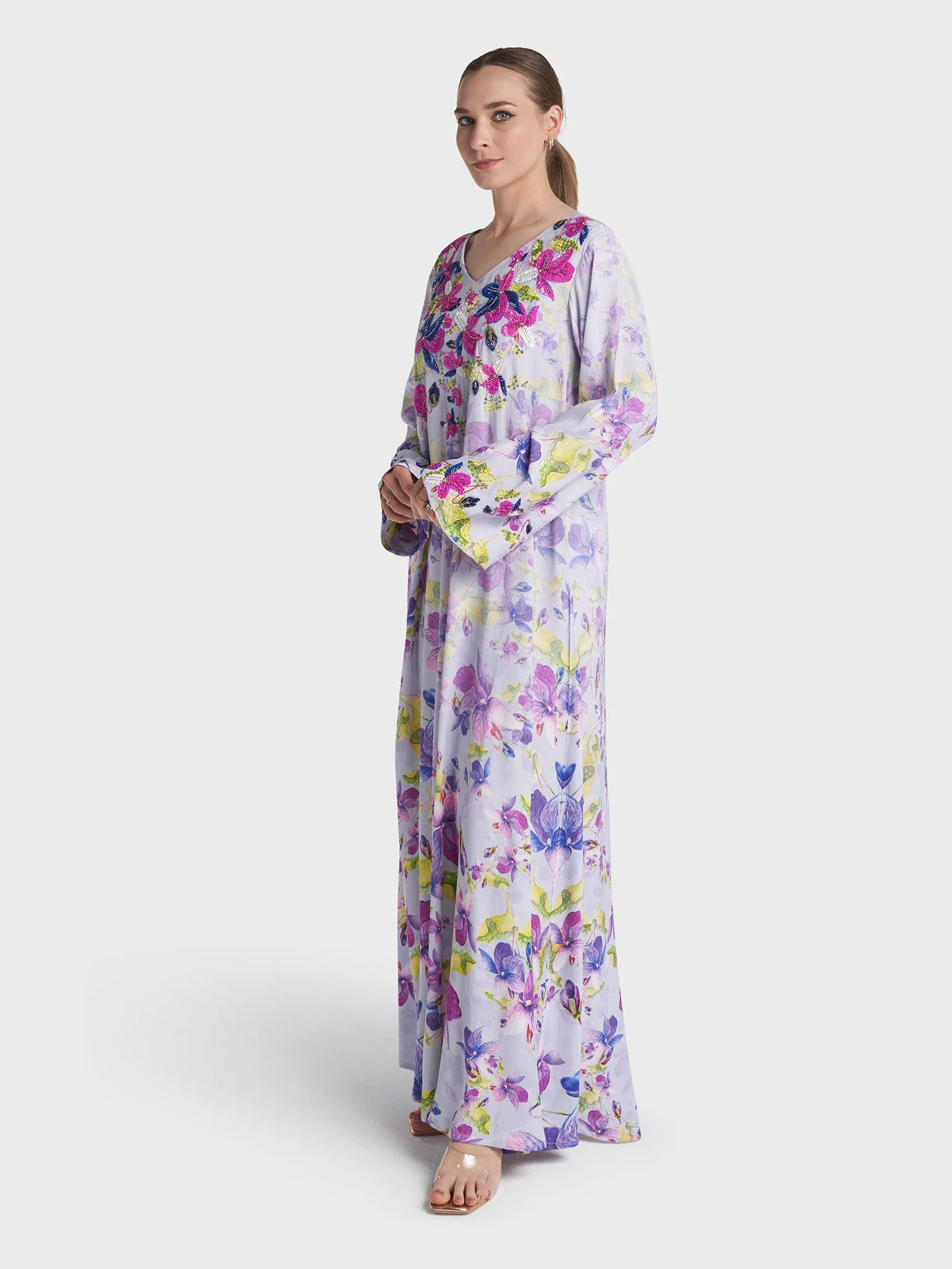 Lilac Colour Hand Work Viscose Crepe Floral Printed Jalabiya (VDK400) - Image 3