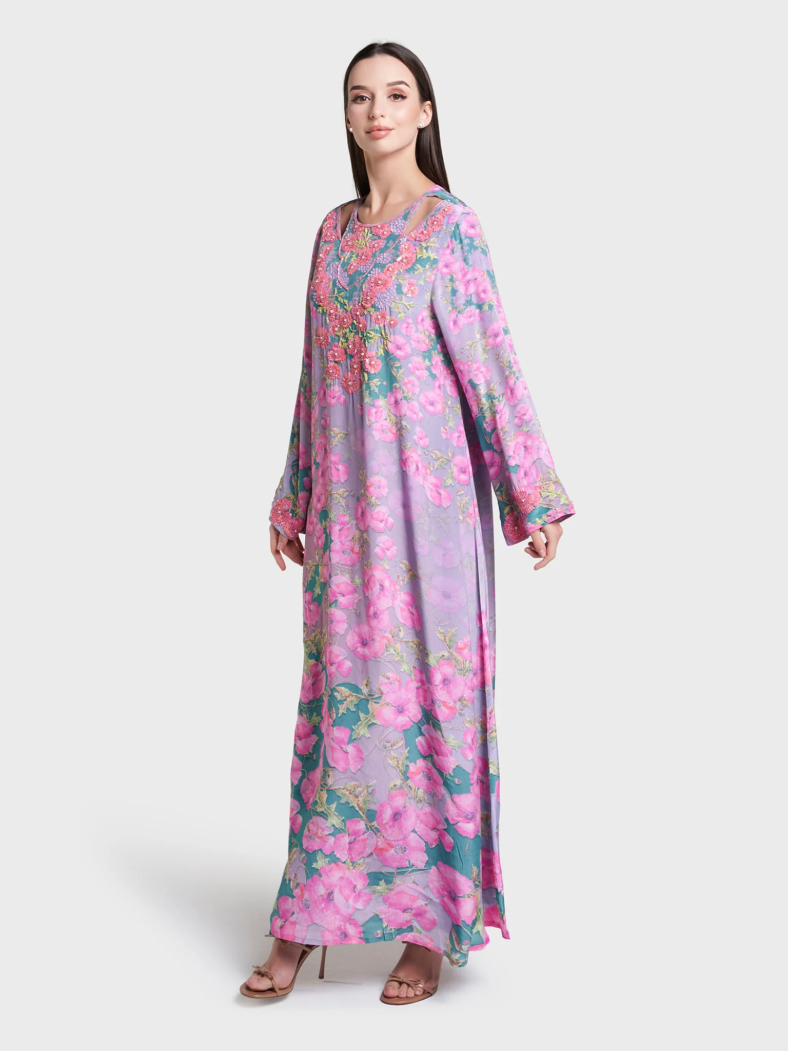 Lilac Colour Floral Printed Viscose Hand Work Jalabiya (VDK401) - Image 3