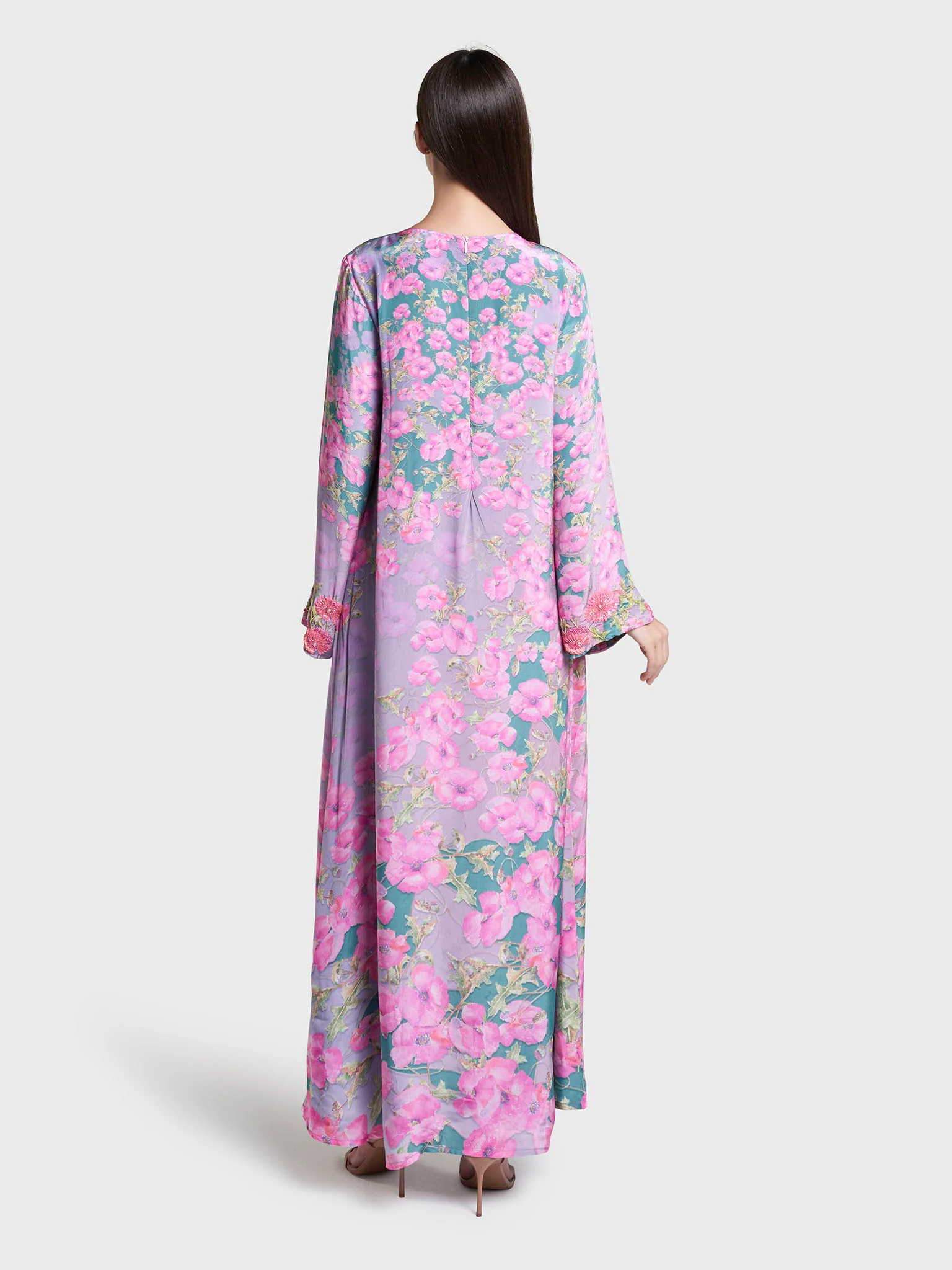 Lilac Colour Floral Printed Viscose Hand Work Jalabiya (VDK401) - Image 4