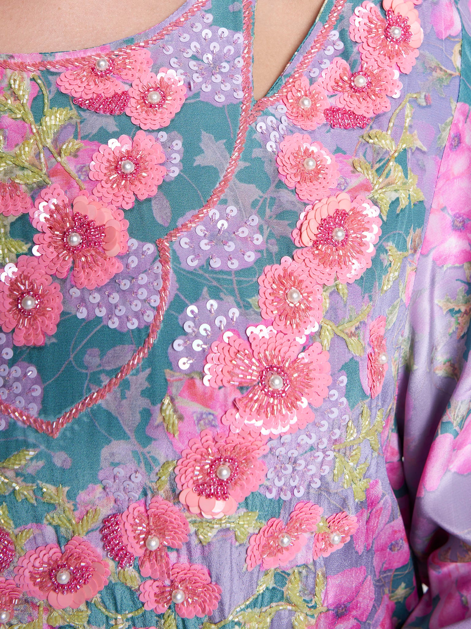 Lilac Colour Floral Printed Viscose Hand Work Jalabiya (VDK401) - Image 5