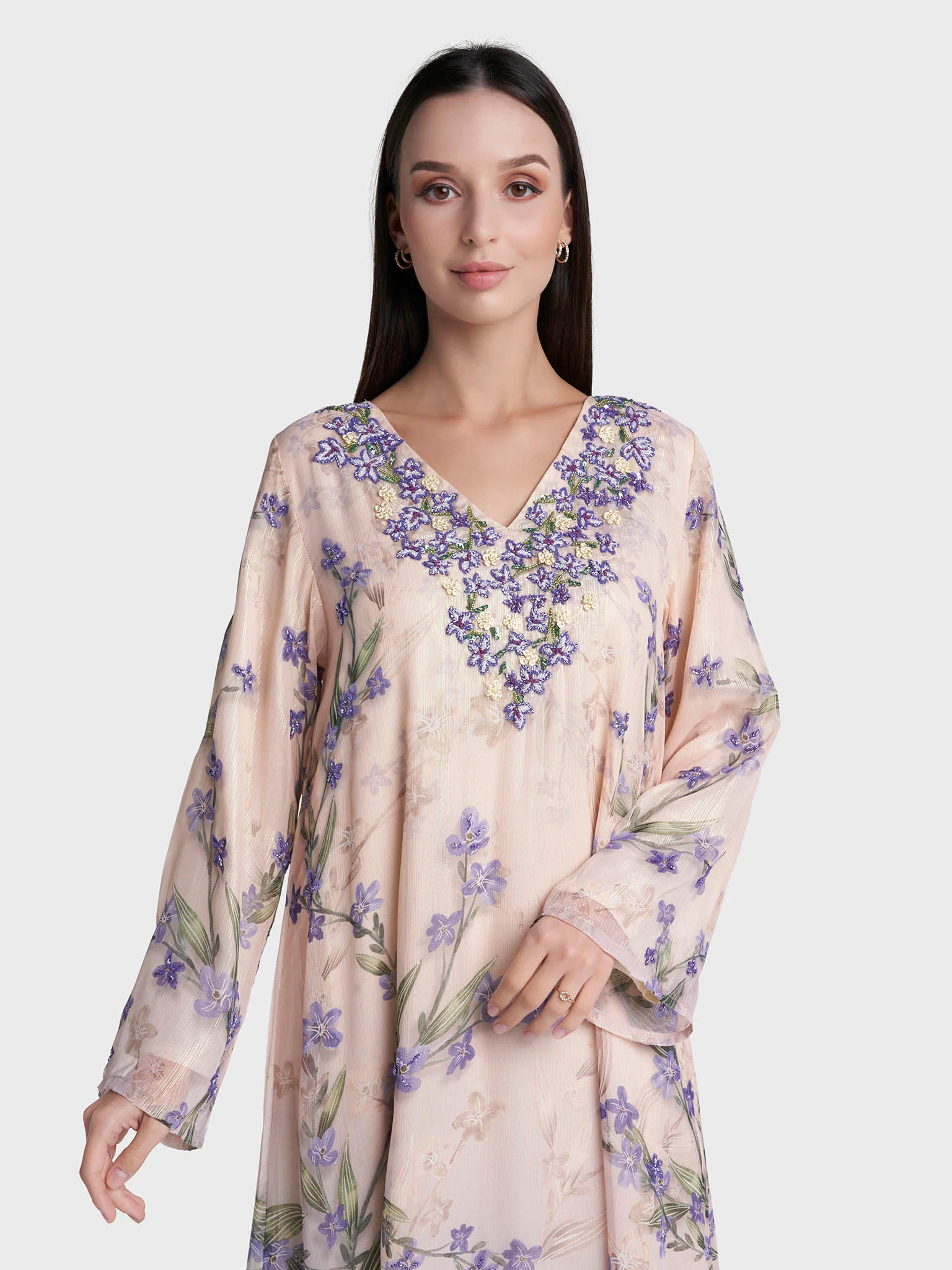 Beige Colour Floral Print Hand Work Jalabiya (VDK404)
