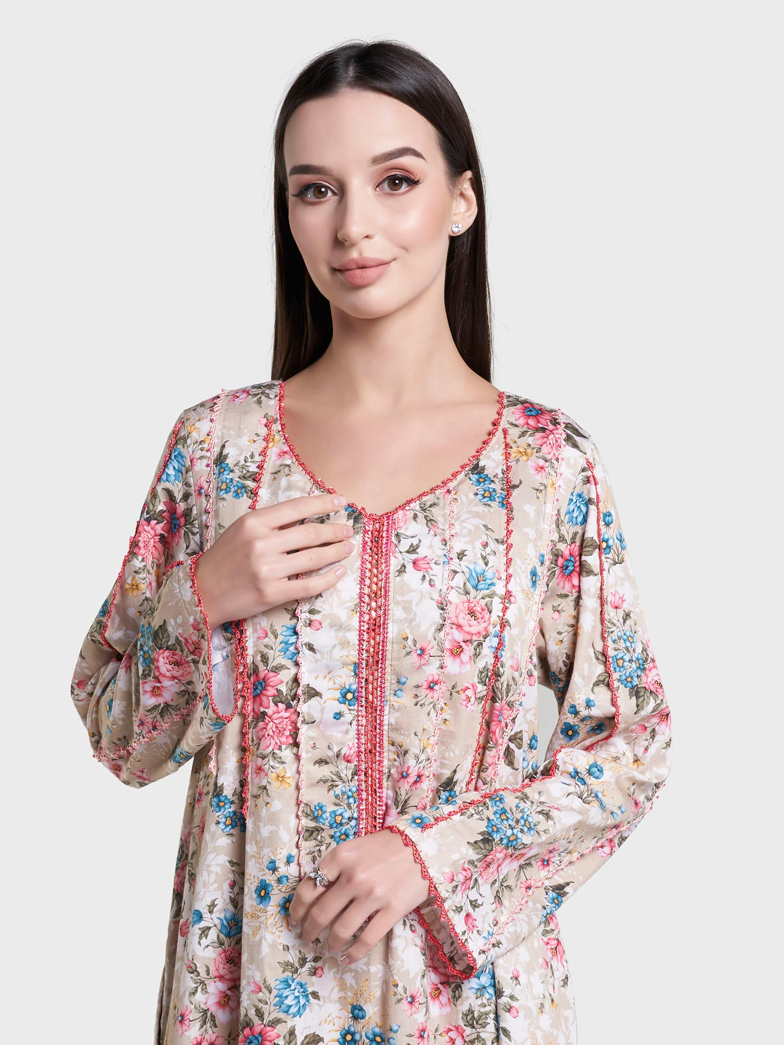 Floral Print Crochet Lace Work Cotton Jalabiya (VG3115)