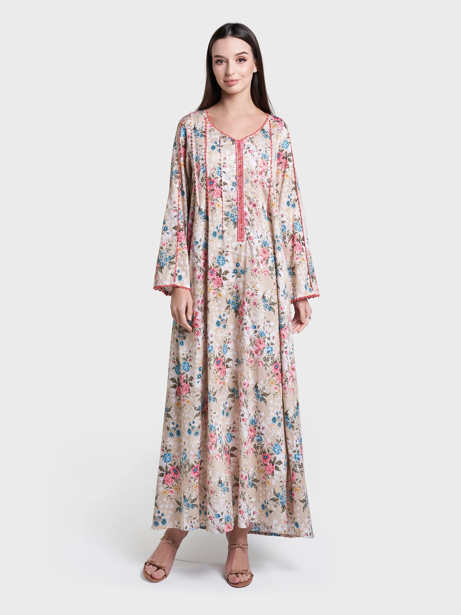 Floral Print Crochet Lace Work Cotton Jalabiya (VG3115) - Image 2