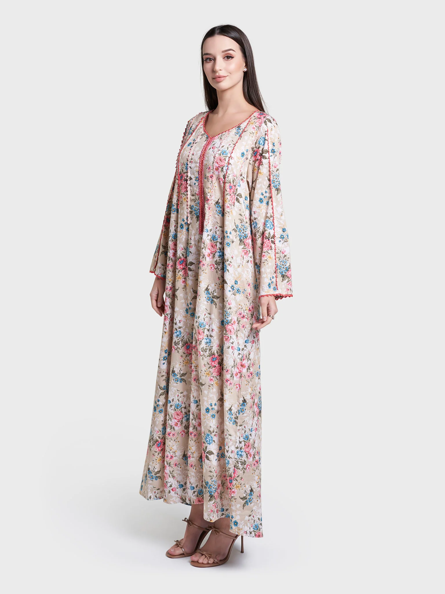 Floral Print Crochet Lace Work Cotton Jalabiya (VG3115) - Image 3