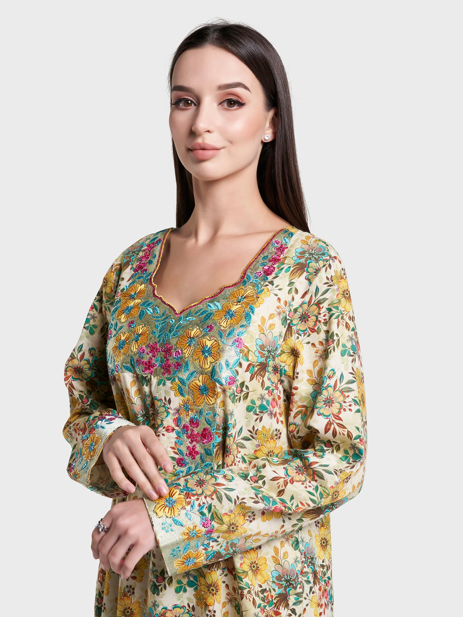 Yellow and Green Floral Print Cotton Satin Mukhawar Jalabiya (VG3118)