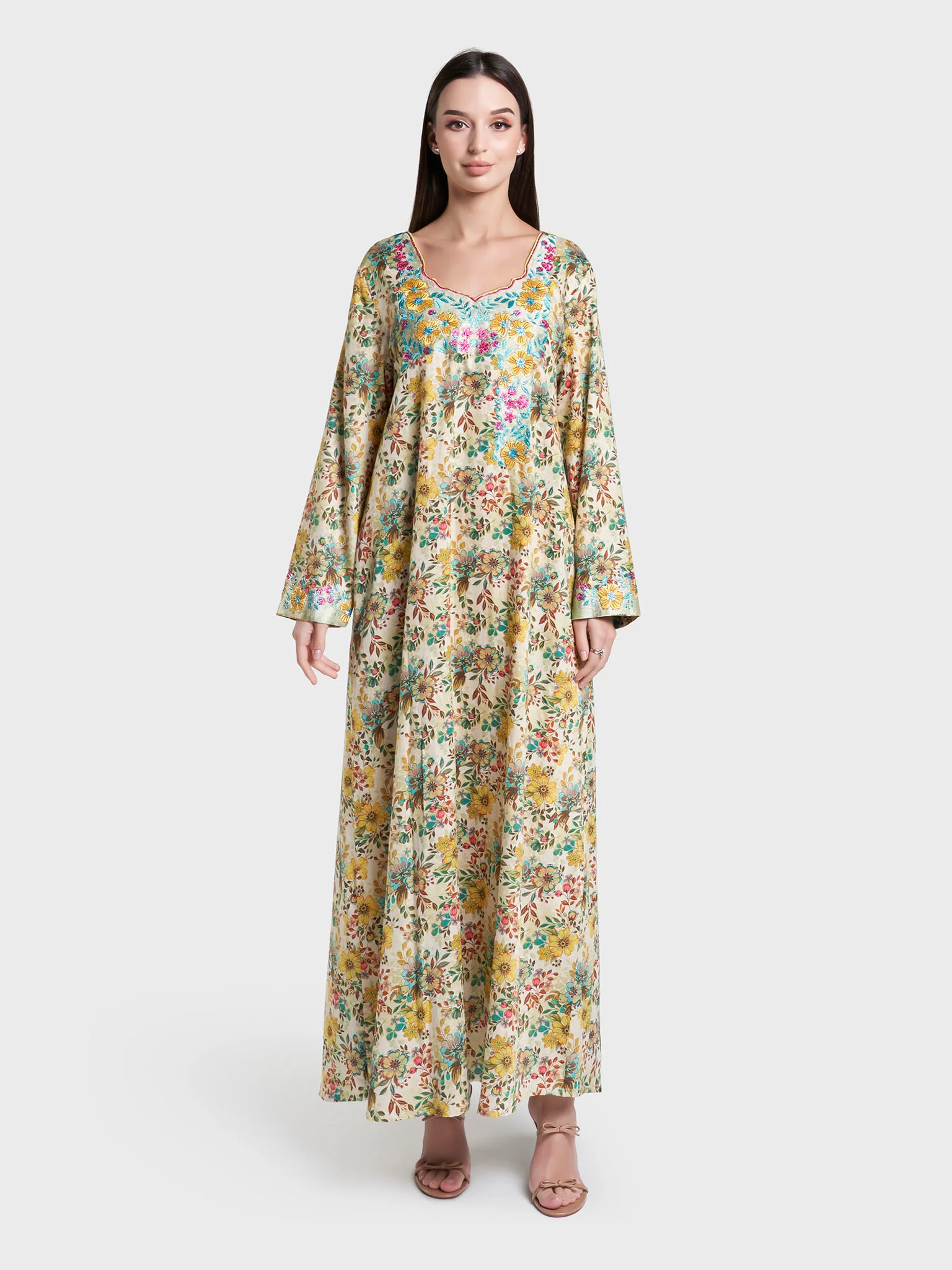 Yellow and Green Floral Print Cotton Satin Mukhawar Jalabiya (VG3118) - Image 2