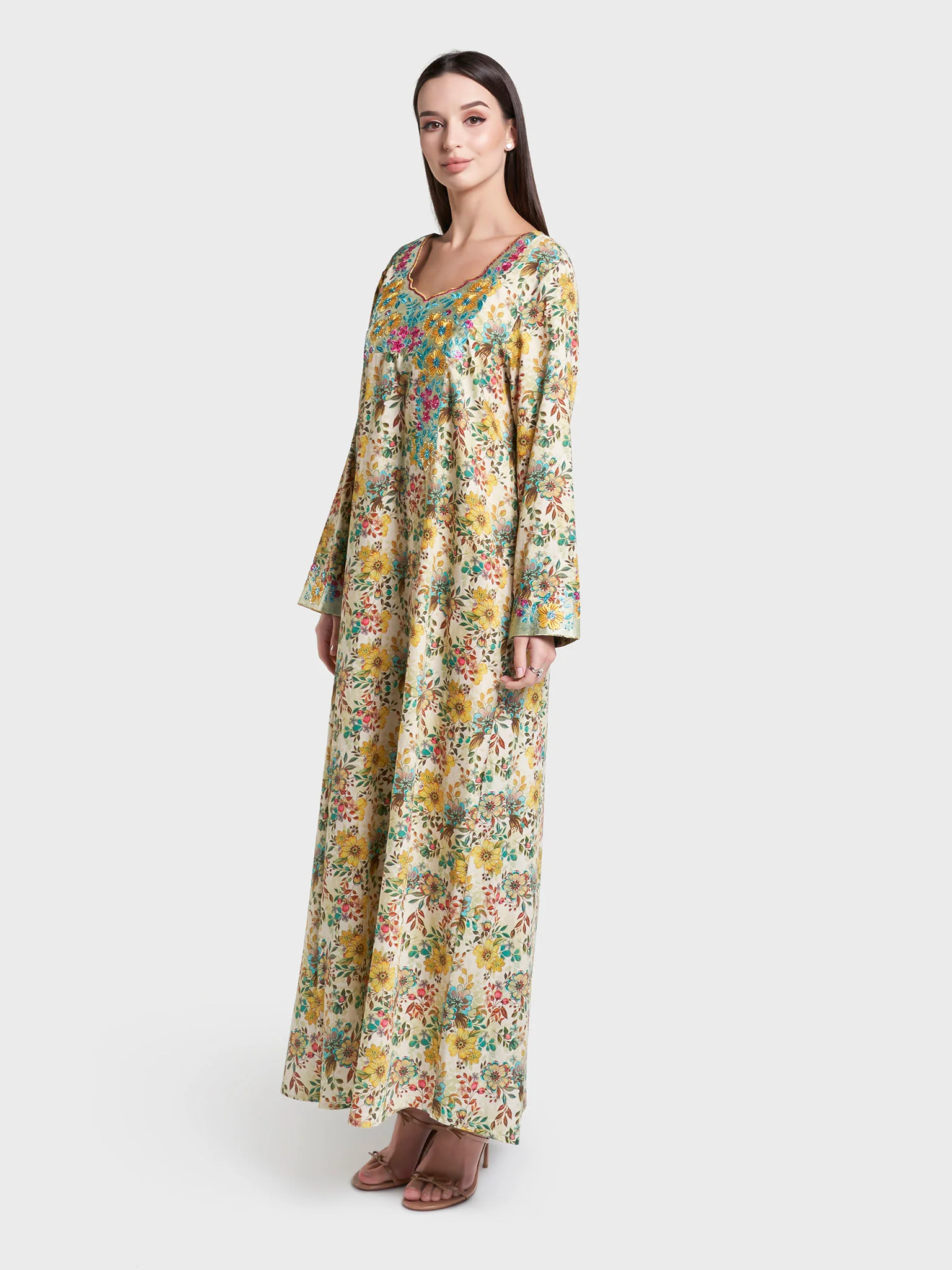 Yellow and Green Floral Print Cotton Satin Mukhawar Jalabiya (VG3118) - Image 3