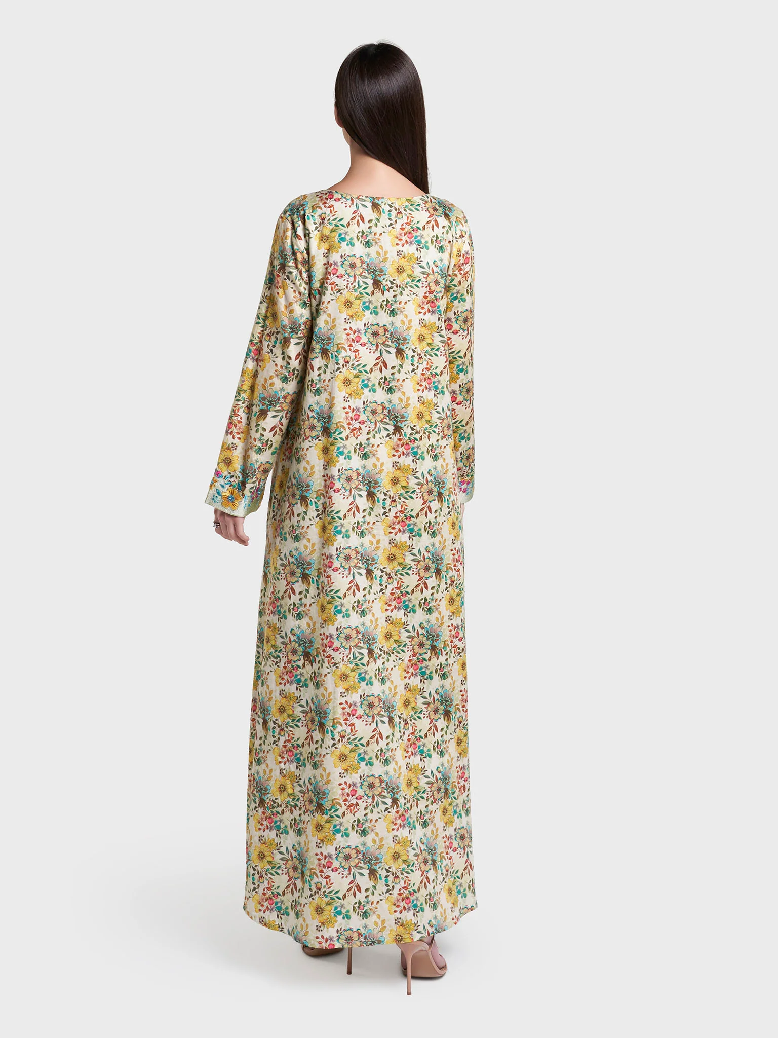 Yellow and Green Floral Print Cotton Satin Mukhawar Jalabiya (VG3118) - Image 4