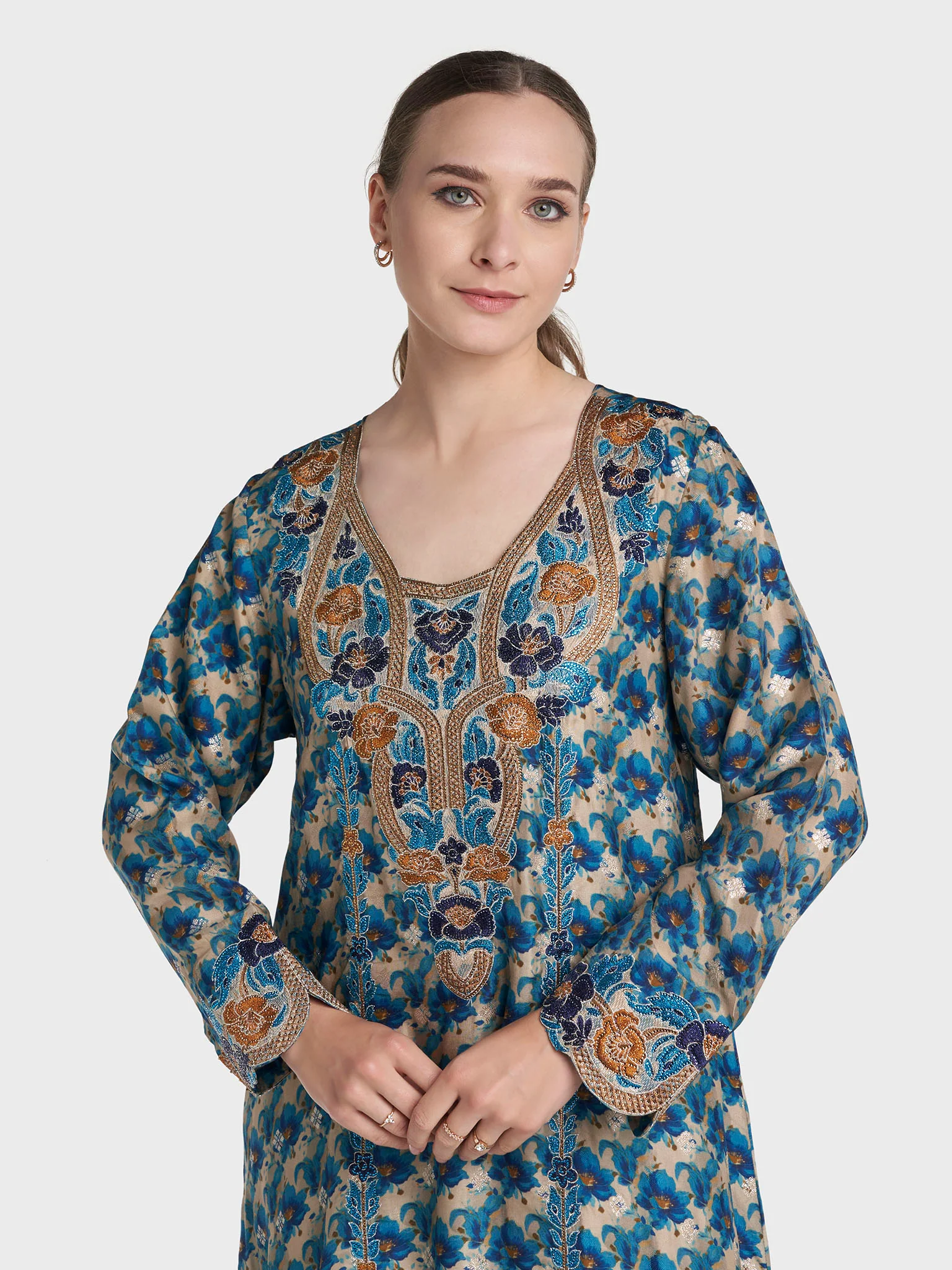 Blue Colour Stone Work Viscose Jacquard Floral Printed Jalabiya (VG3122B)