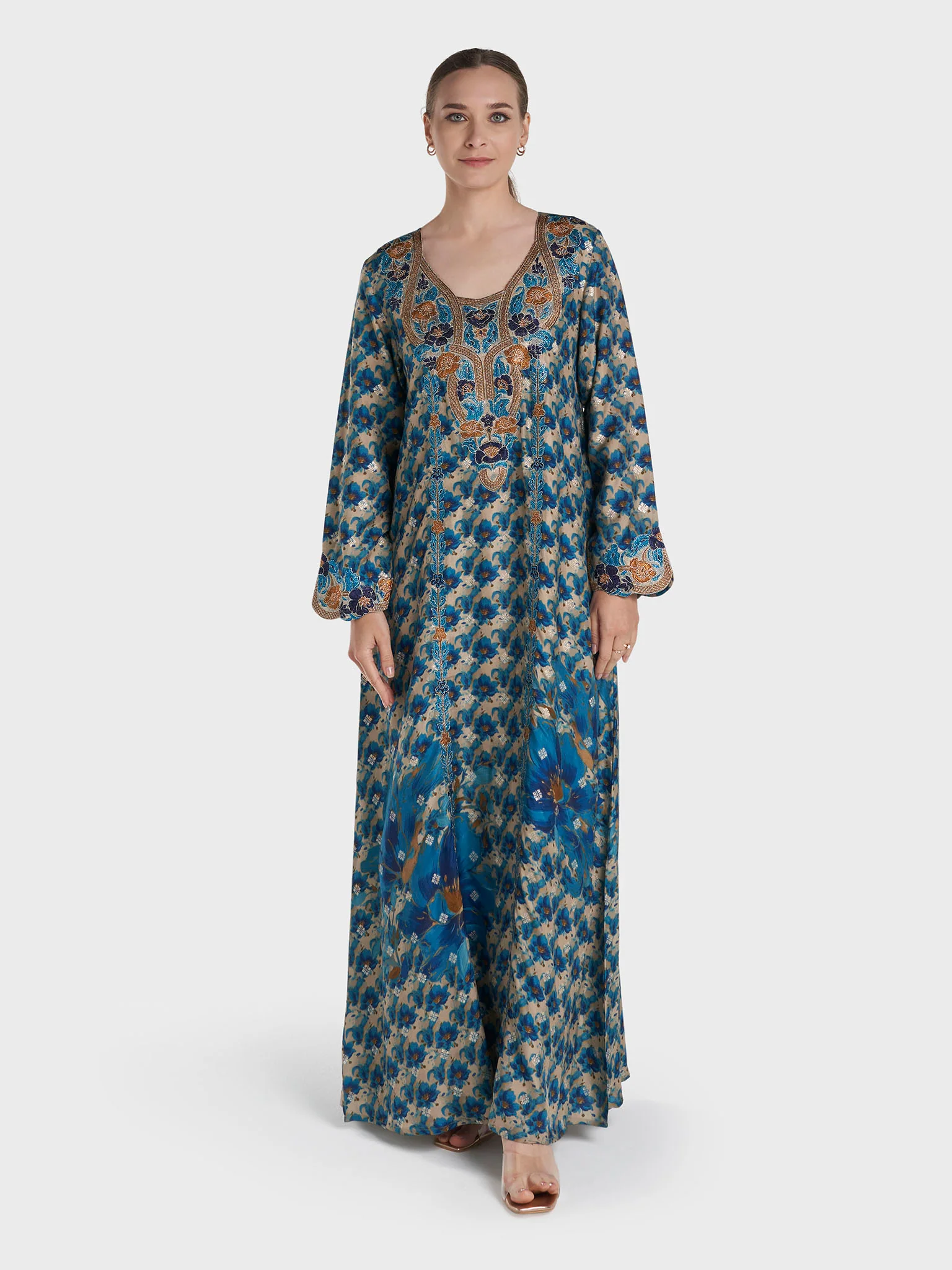 Blue Colour Stone Work Viscose Jacquard Floral Printed Jalabiya (VG3122B) - Image 2