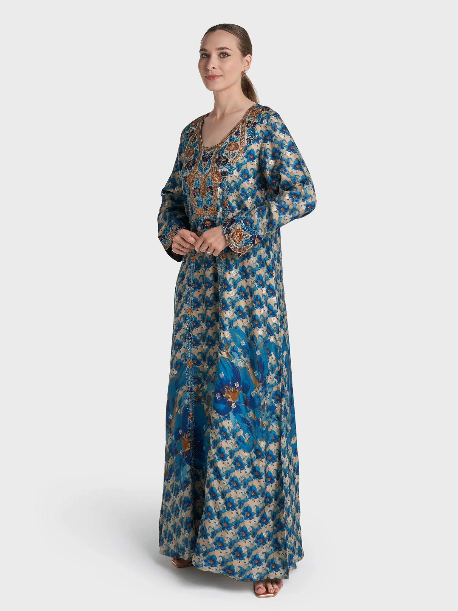 Blue Colour Stone Work Viscose Jacquard Floral Printed Jalabiya (VG3122B) - Image 3