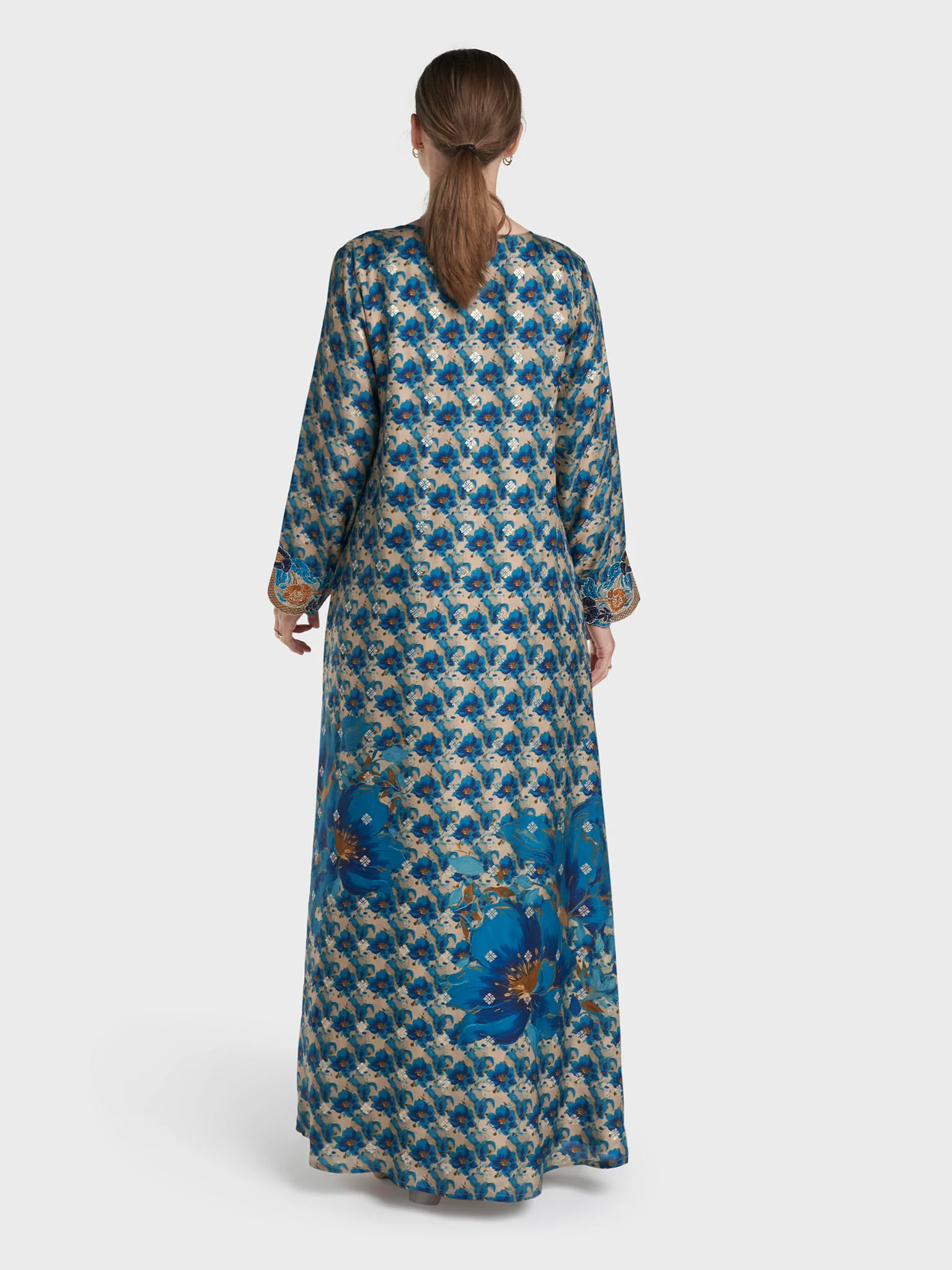 Blue Colour Stone Work Viscose Jacquard Floral Printed Jalabiya (VG3122B) - Image 4