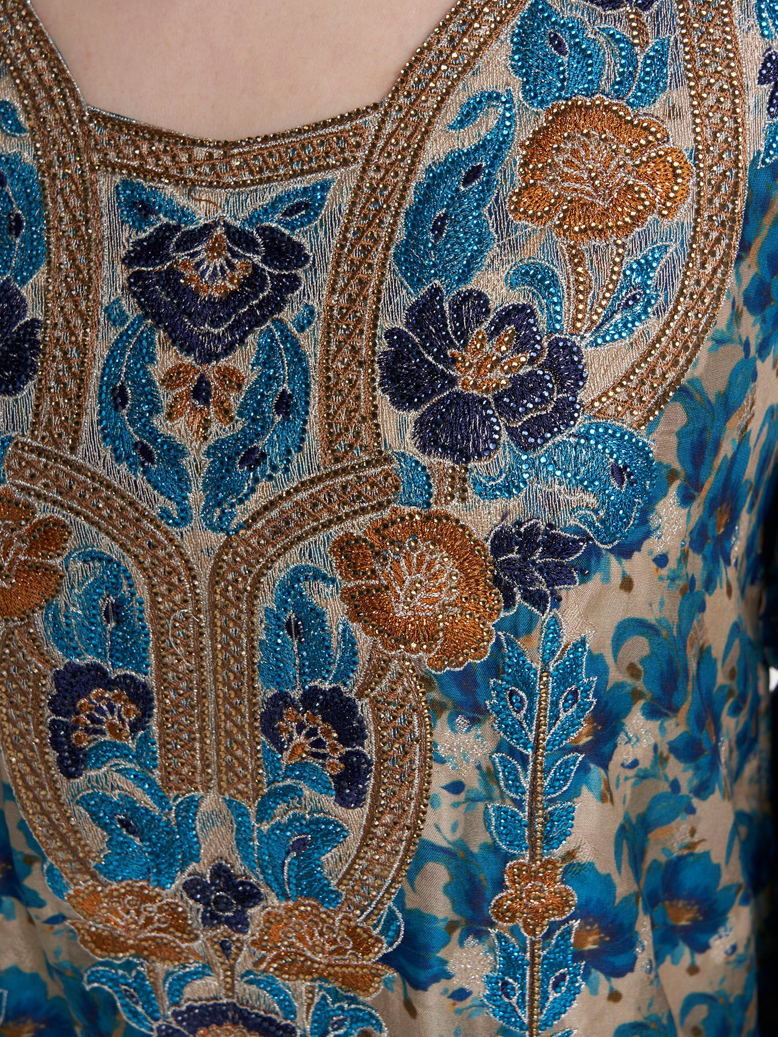 Blue Colour Stone Work Viscose Jacquard Floral Printed Jalabiya (VG3122B) - Image 5