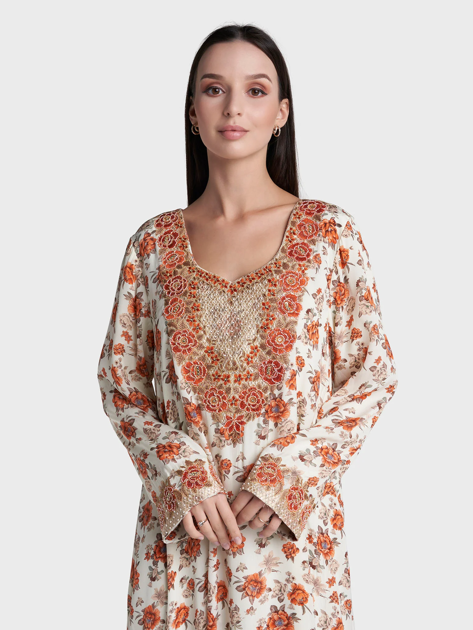 Cream Colour Floral Print Viscose Crepe Hand Work Jalabiya (VG3123)