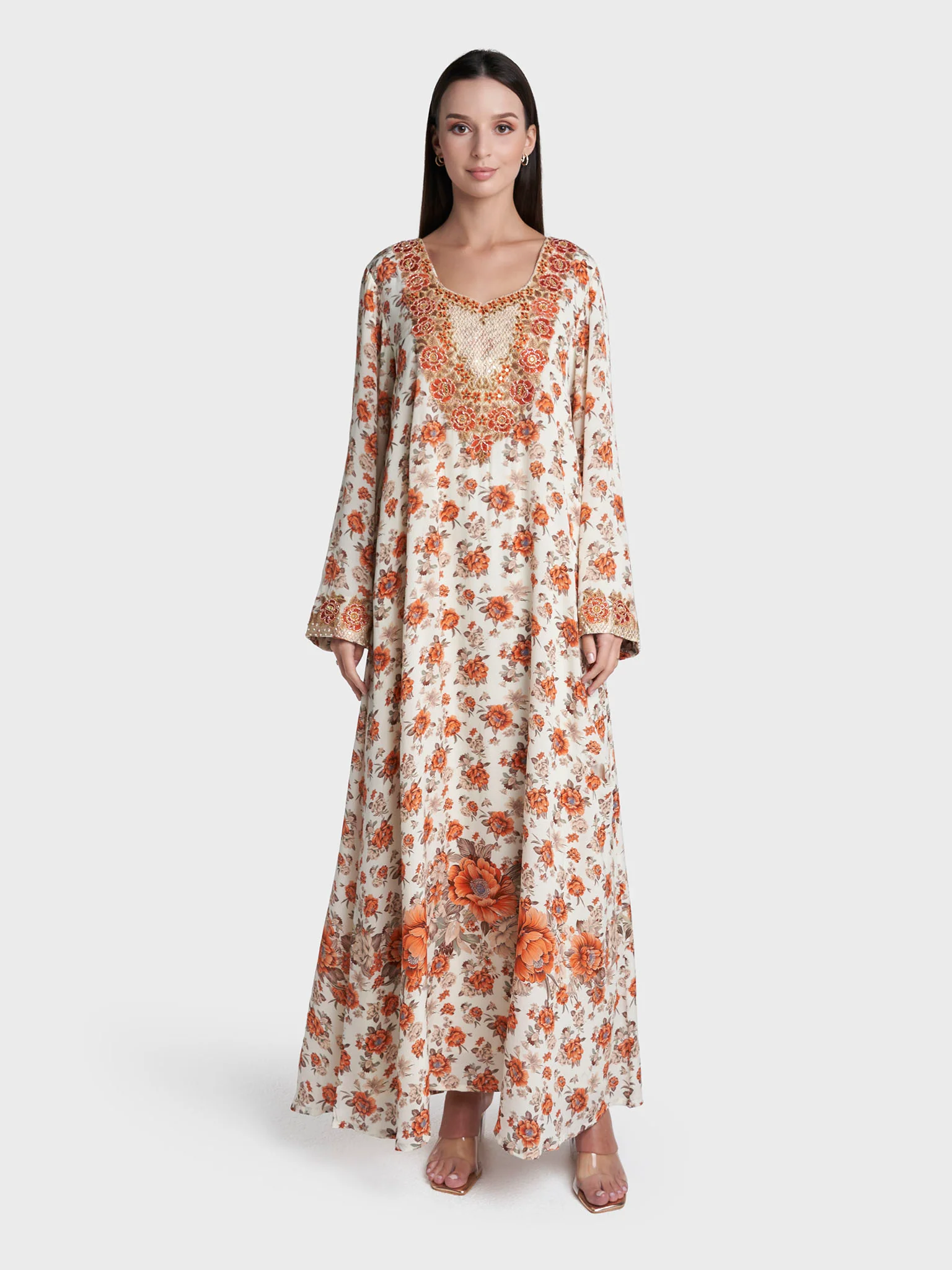 Cream Colour Floral Print Viscose Crepe Hand Work Jalabiya (VG3123) - Image 2