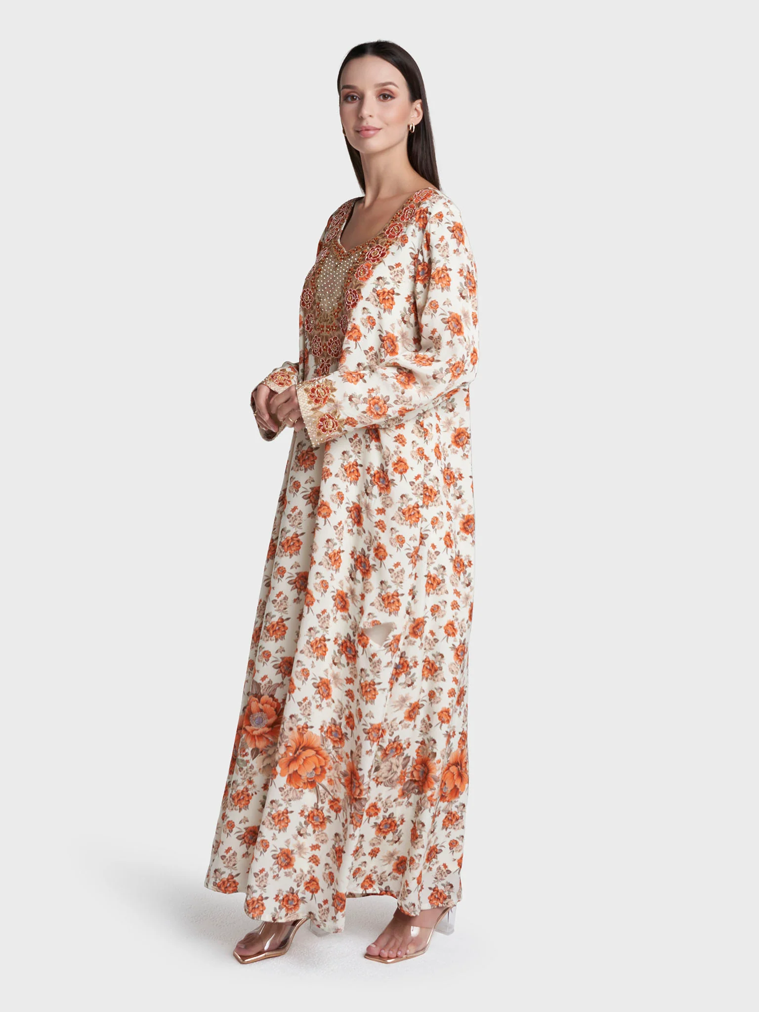 Cream Colour Floral Print Viscose Crepe Hand Work Jalabiya (VG3123) - Image 3