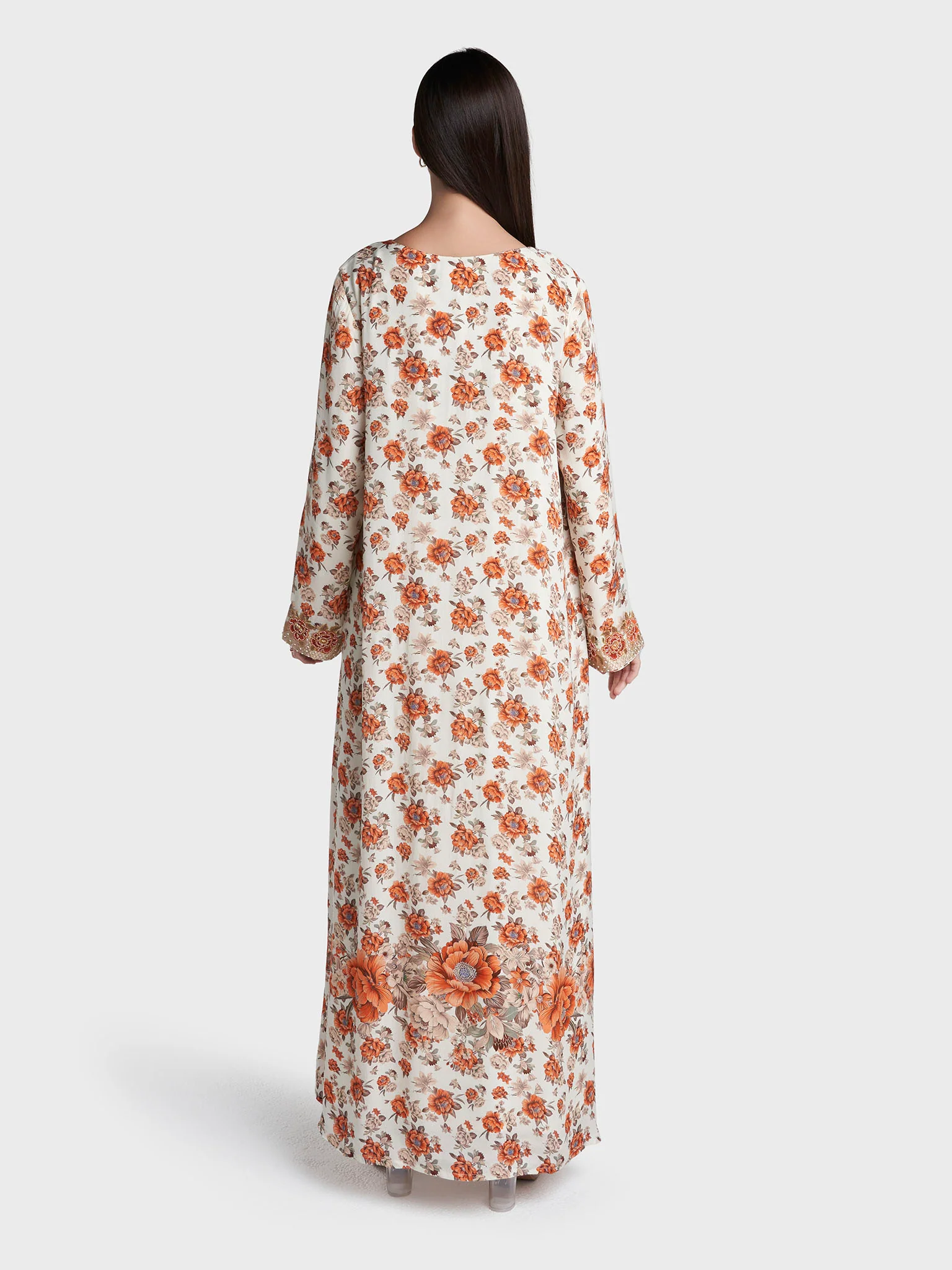 Cream Colour Floral Print Viscose Crepe Hand Work Jalabiya (VG3123) - Image 4