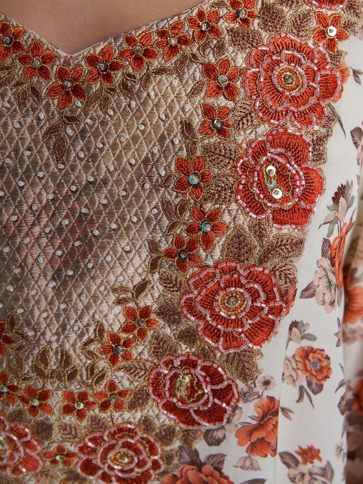 Cream Colour Floral Print Viscose Crepe Hand Work Jalabiya (VG3123) - Image 5