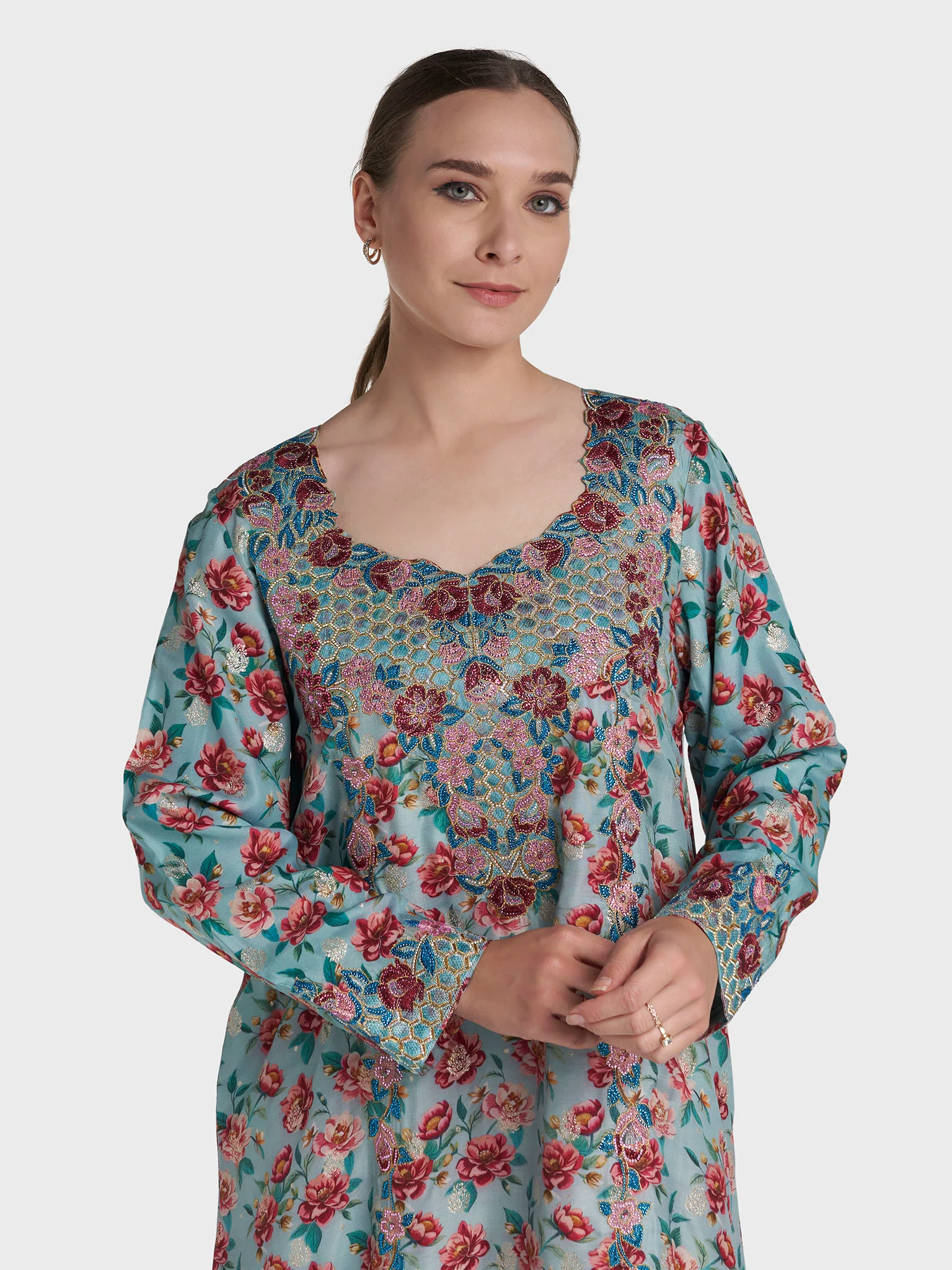 Aqua Green Colour Stone Work Viscose Crepe Floral Printed Jalabiya (VG3124B)