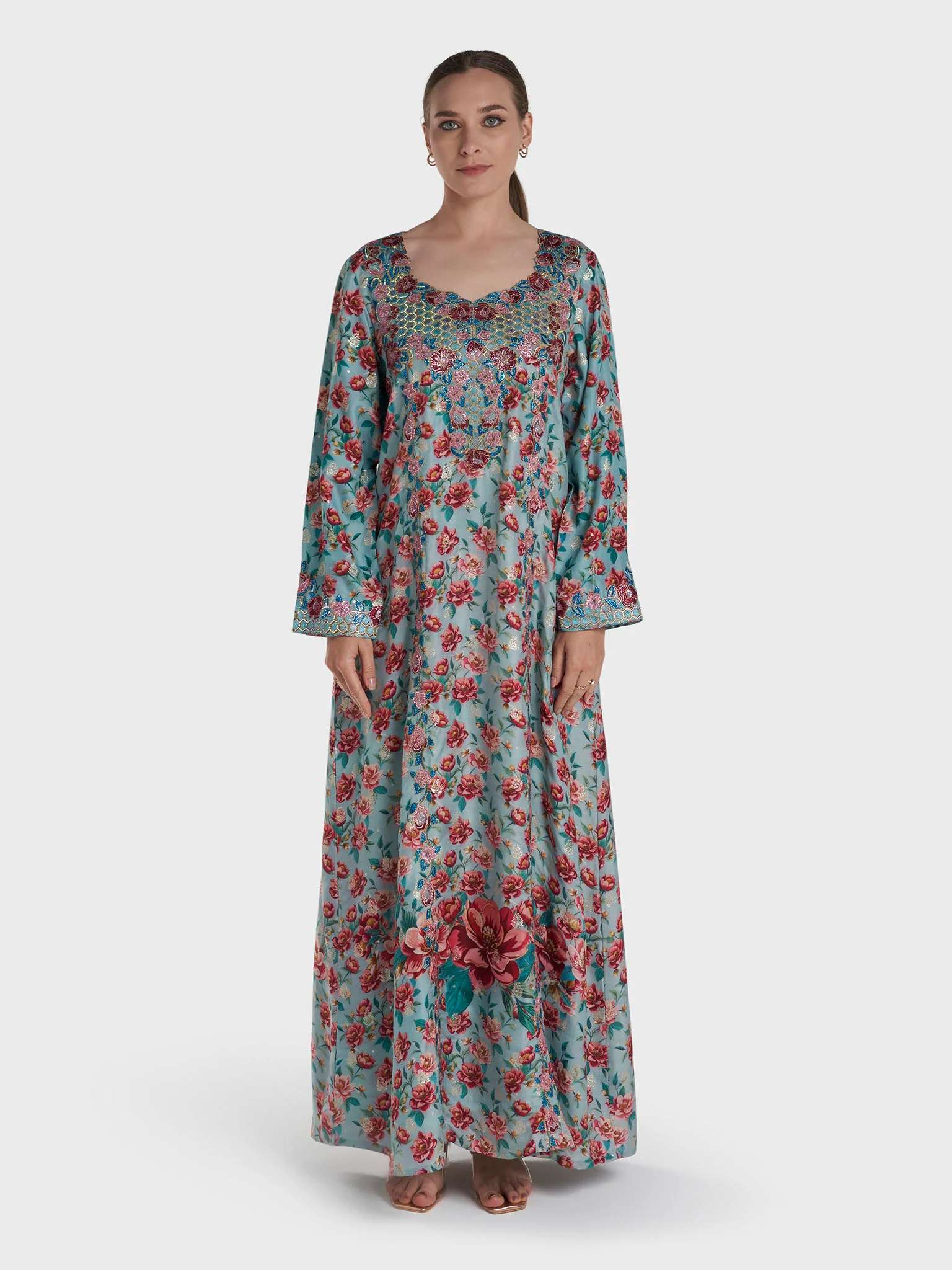 Aqua Green Colour Stone Work Viscose Crepe Floral Printed Jalabiya (VG3124B) - Image 2